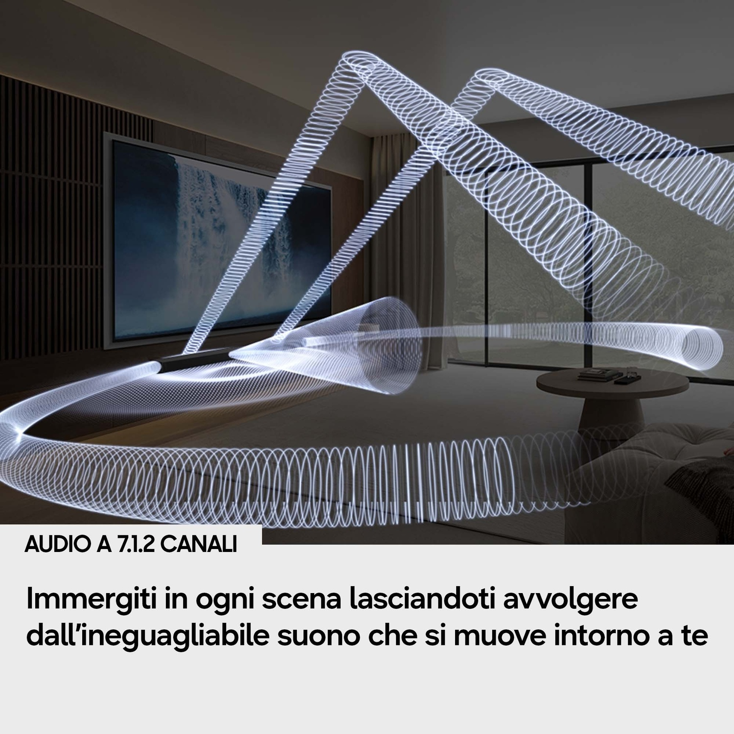 Strisce di luce bianca di onde sonore si espandono in un soggiorno moderno.