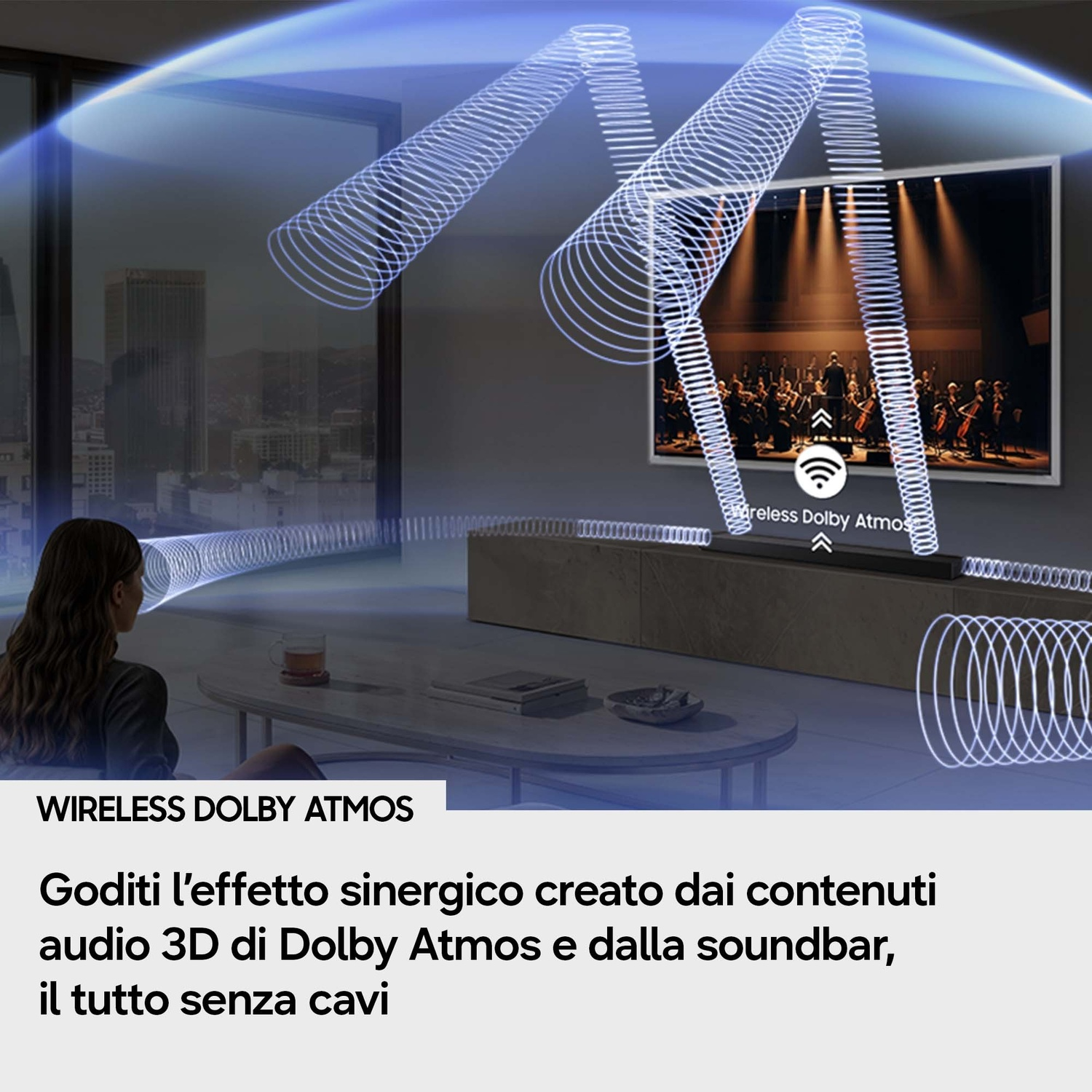 Illustrazione Dolby Atmos wireless con onde sonore che emanano da una soundbar.