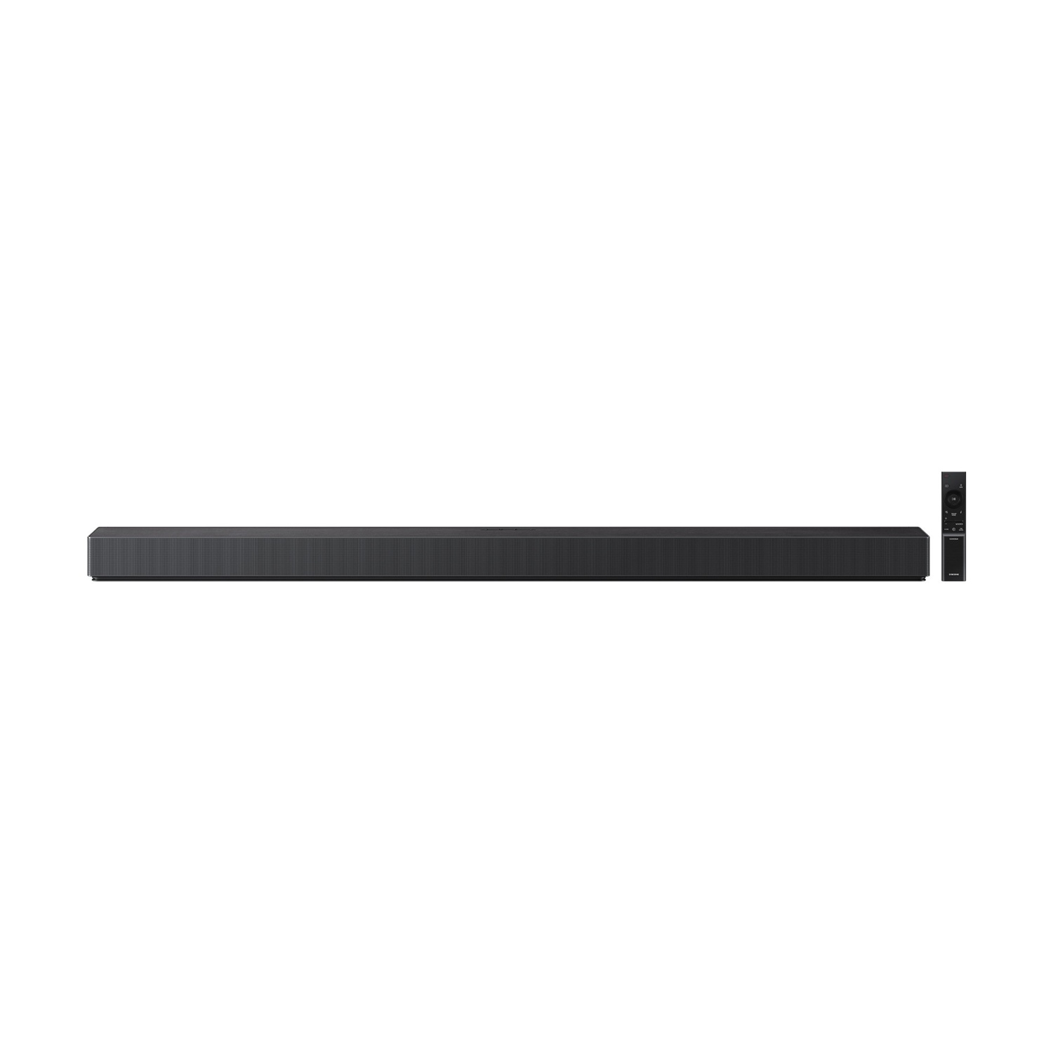 Soundbar nero con telecomando accanto su sfondo bianco.