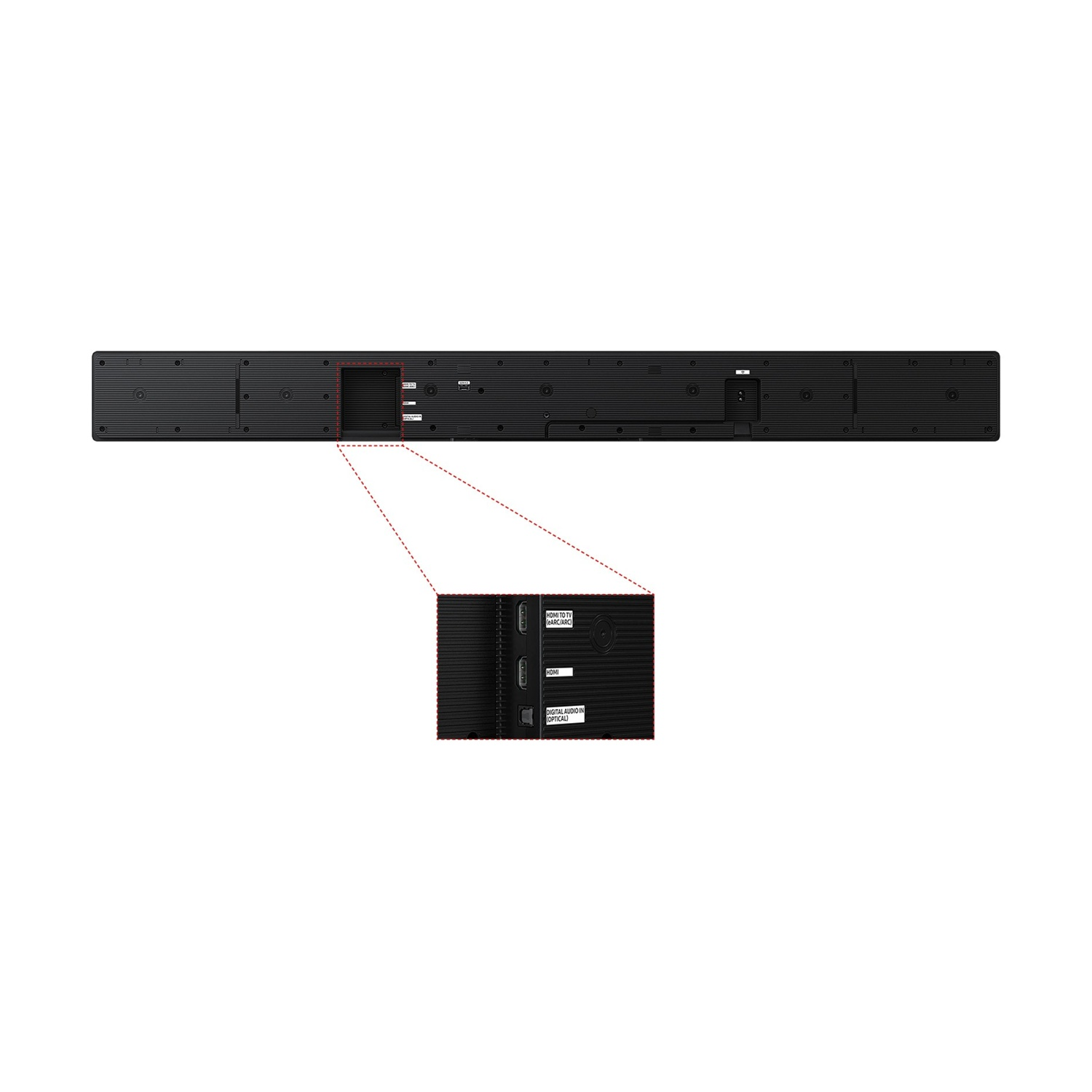 Retro di una soundbar nera che mostra le porte: HDMI, HDMI ARC/eARC, USB, ingresso audio digitale (ottico).