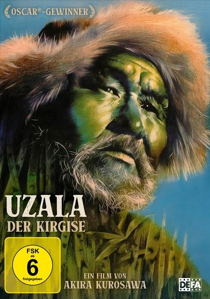 Filmplakat "Uzala Der Kirgise" mit Nahaufnahme eines Mannes mit grünem Gesicht und Pelzmütze.