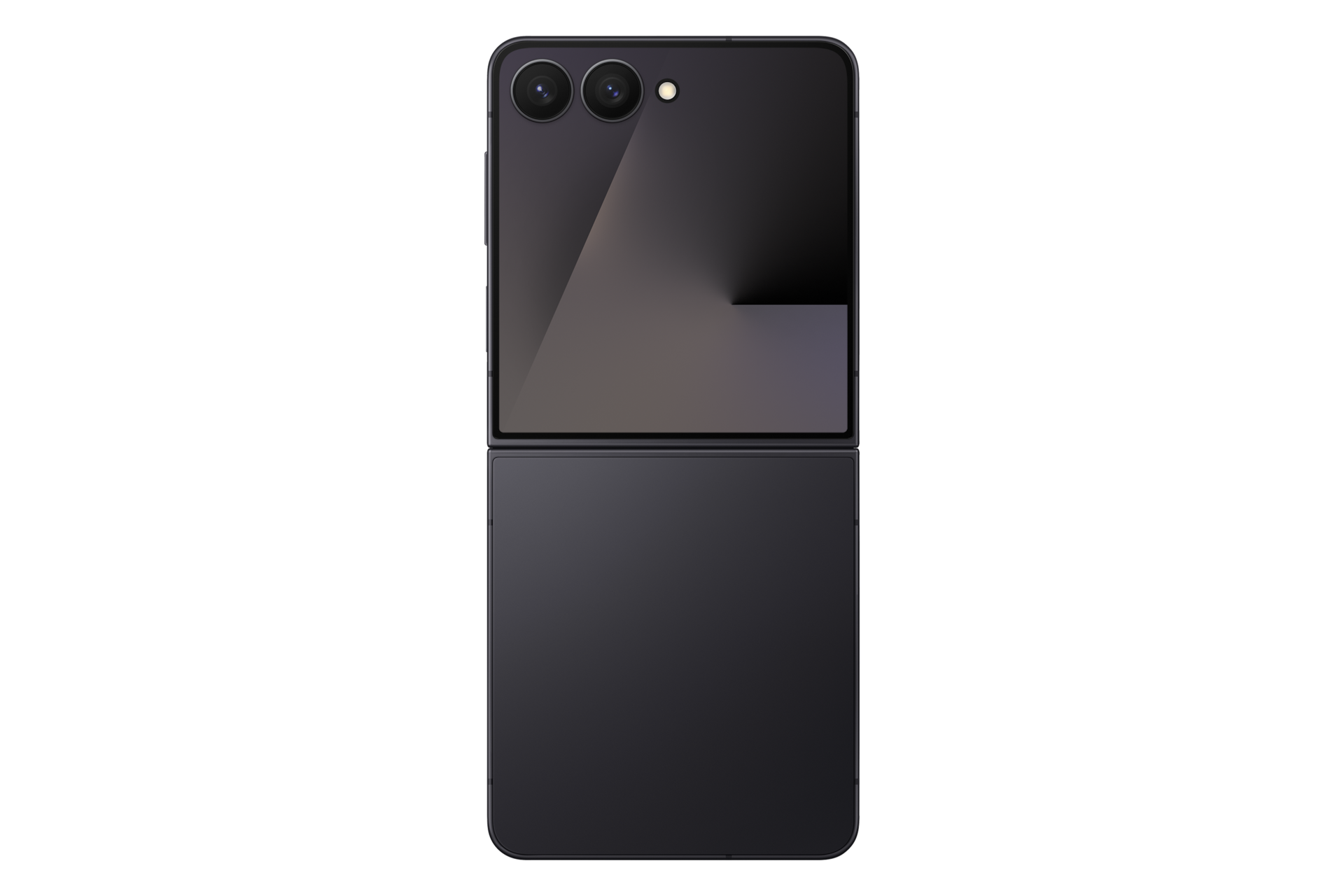 Ein geschlossenes lila Smartphone mit zwei Kameras auf der Oberseite.
