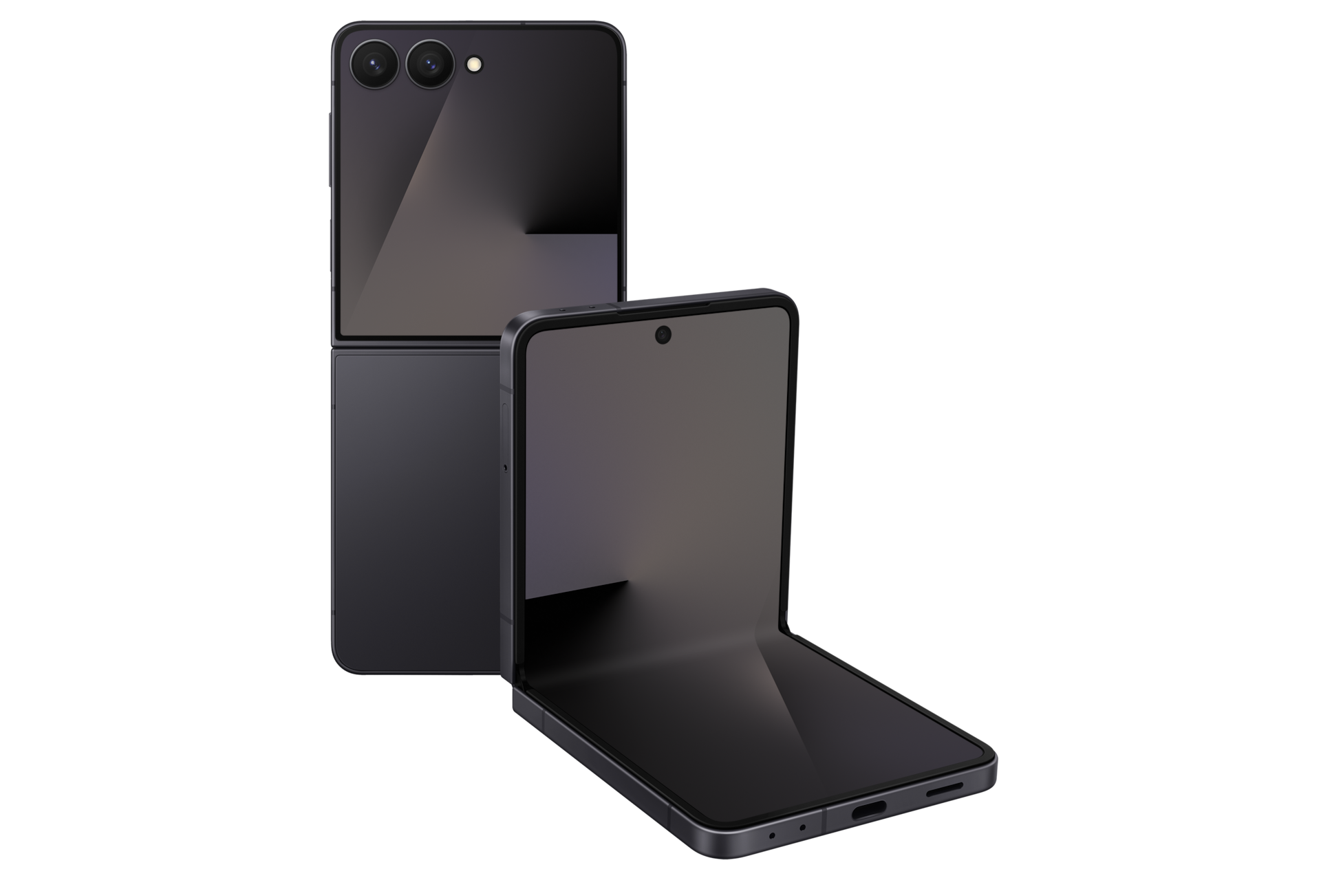 Zwei dunkle faltbare Smartphones, eines offen, eines geschlossen, auf schwarzem Hintergrund.