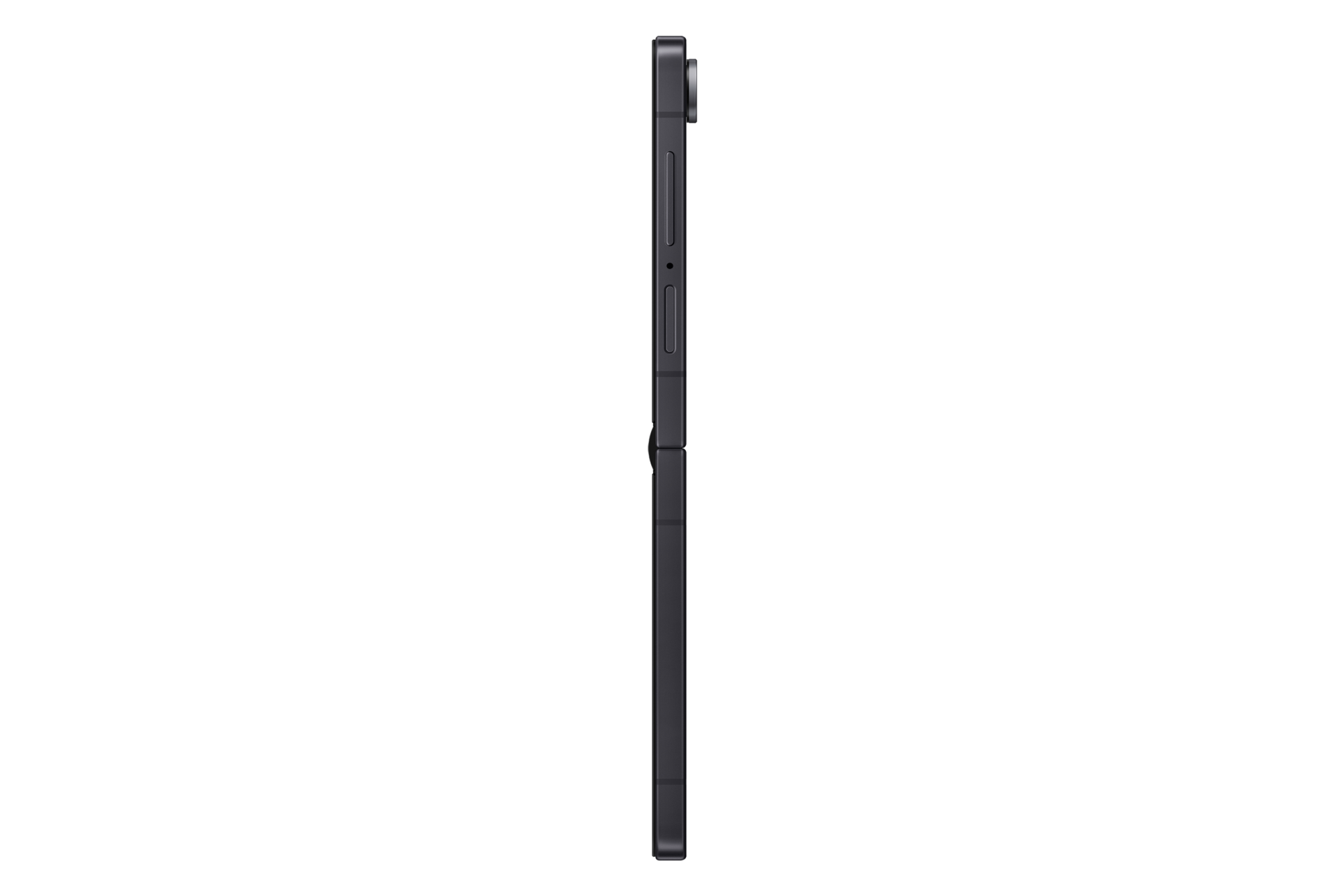 Dunkles Smartphone im Profil mit hervorgehobener Kamera und Tasten.