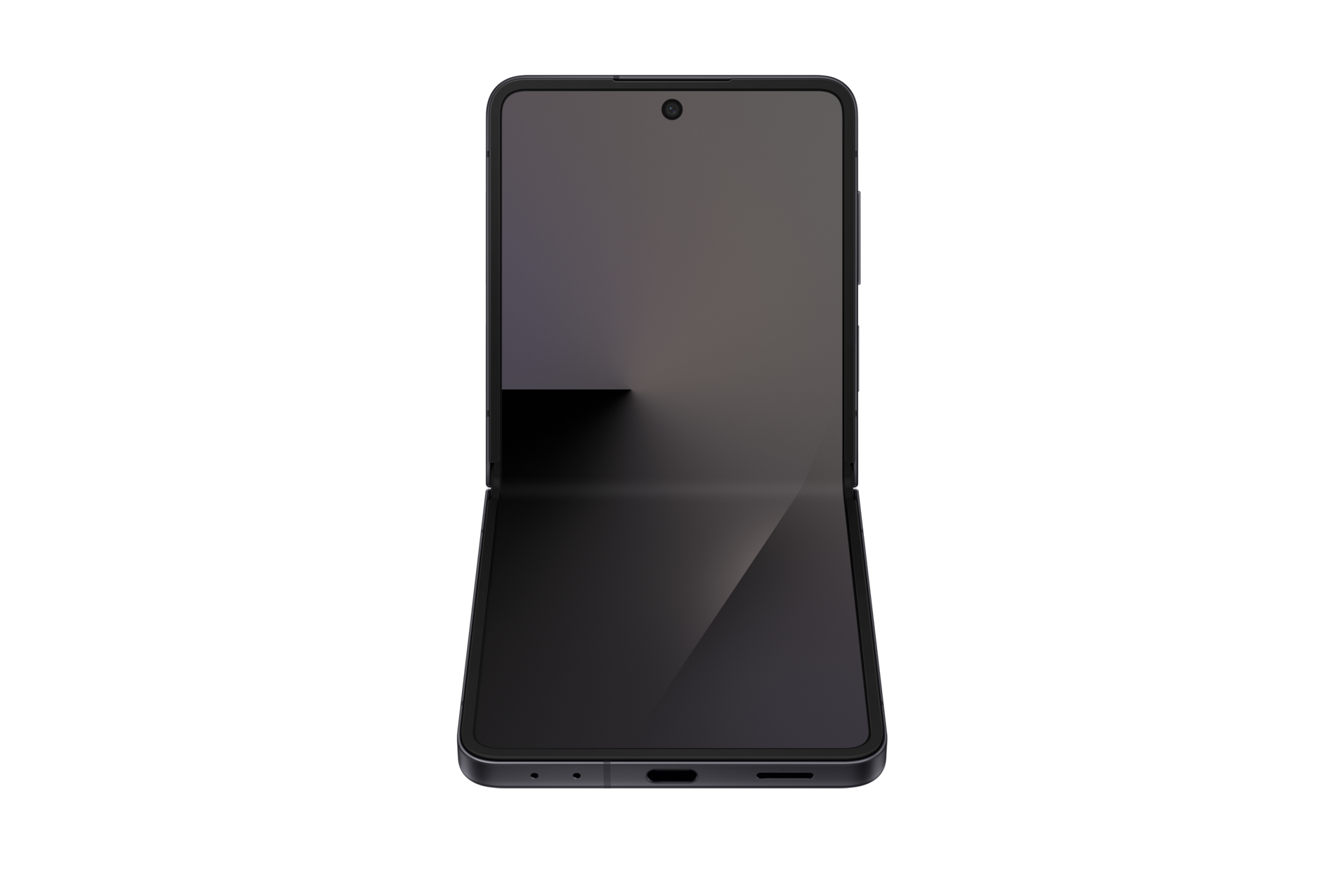 Ein dunkles, zusammengeklapptes Smartphone mit einem breiten Bildschirm und einer einzelnen Frontkamera.