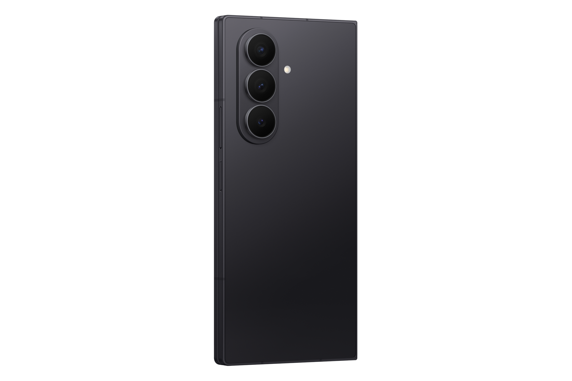 Dunkelgraues Smartphone mit drei Kameras auf der Rückseite, auf schwarzem Hintergrund.