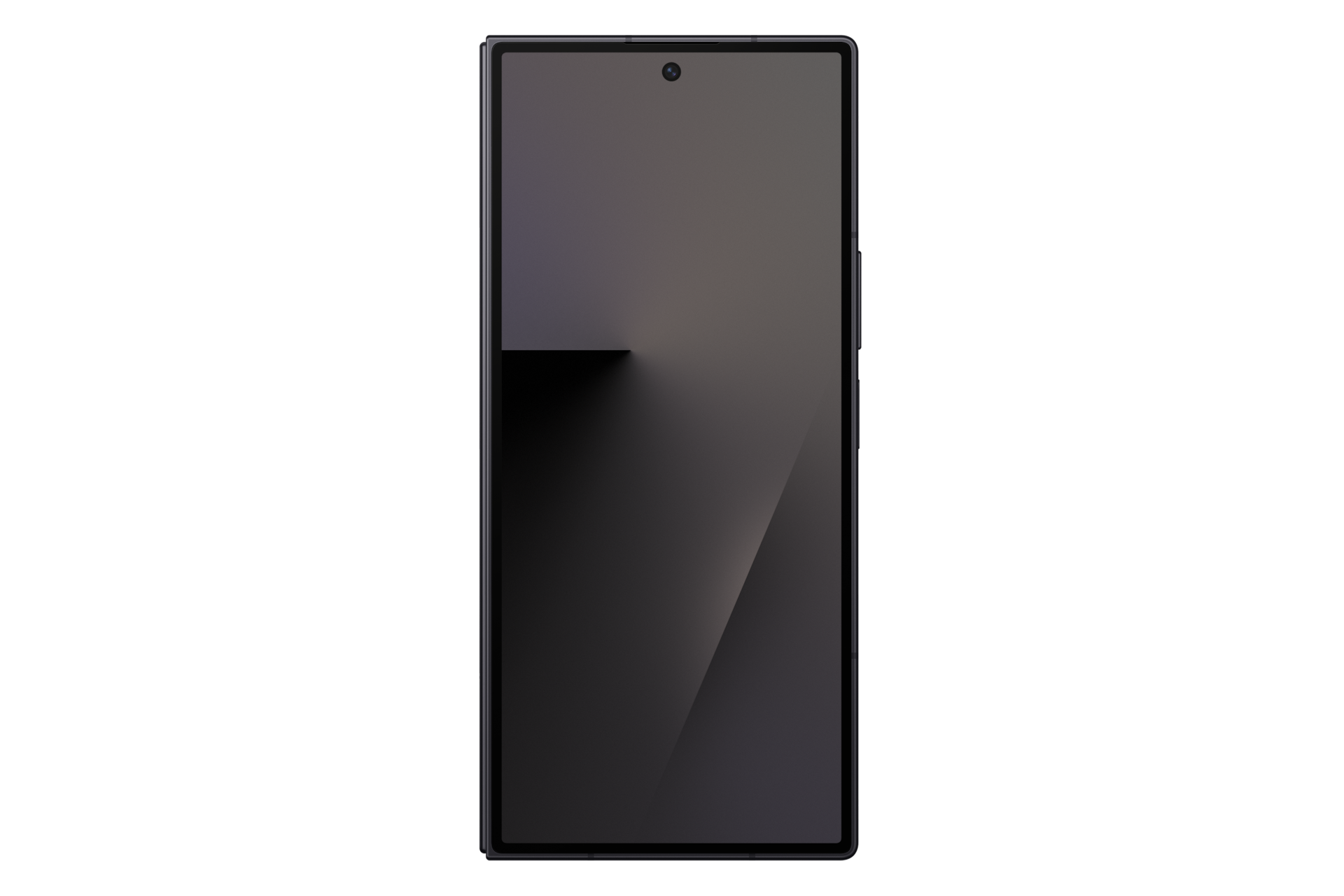 Ein dunkles Smartphone mit einem grauen Hintergrund und einem kleinen Loch oben.