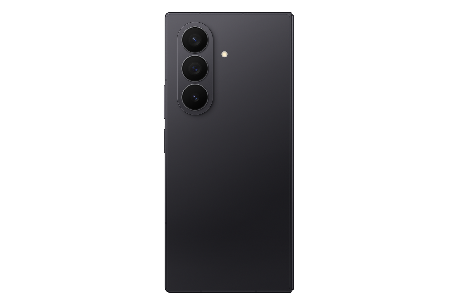 Dunkelgraues Smartphone mit drei Kameralinsen und Blitz auf der Rückseite.