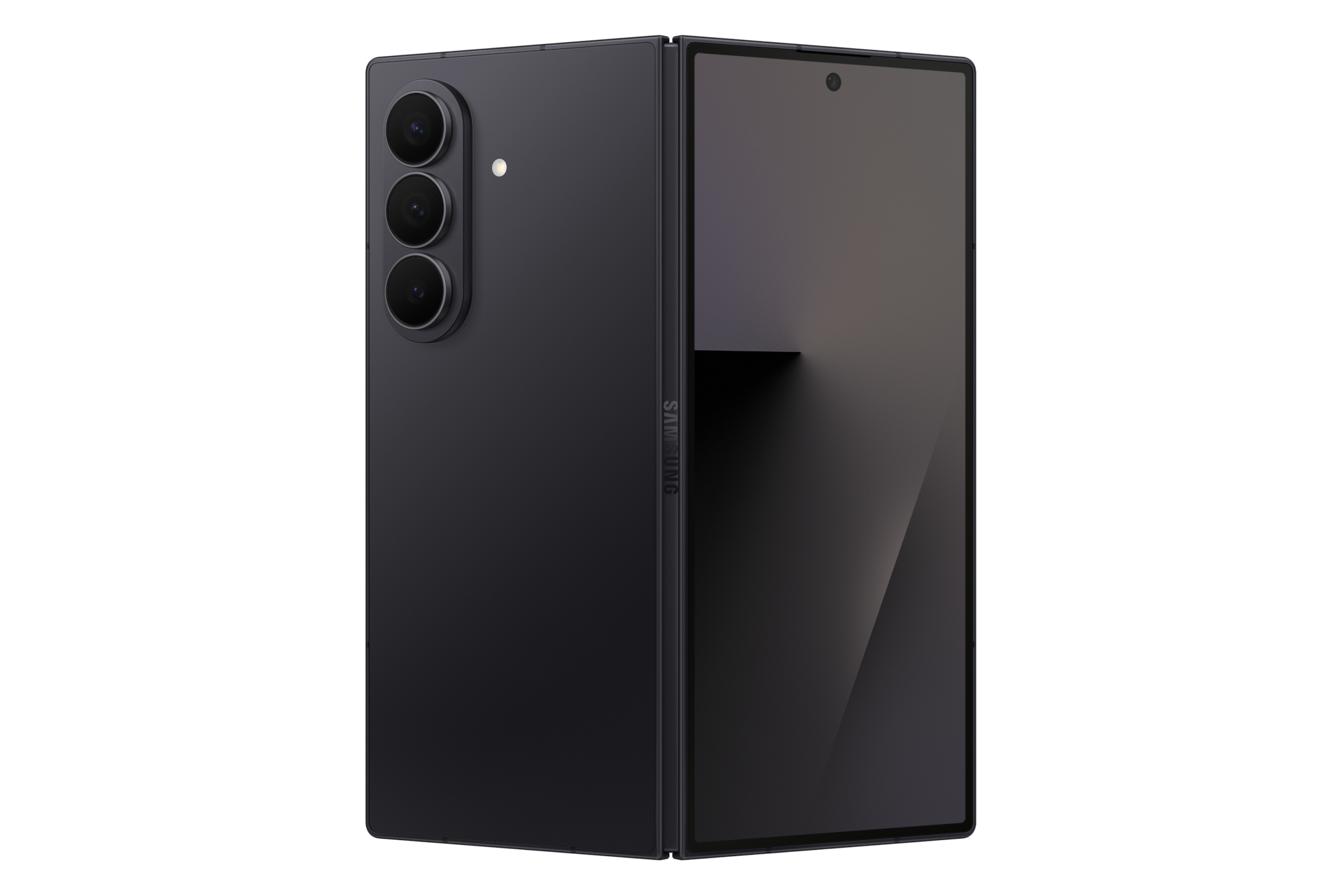 Ein schwarzes faltbares Samsung-Smartphone mit drei Kameras auf der Rückseite.