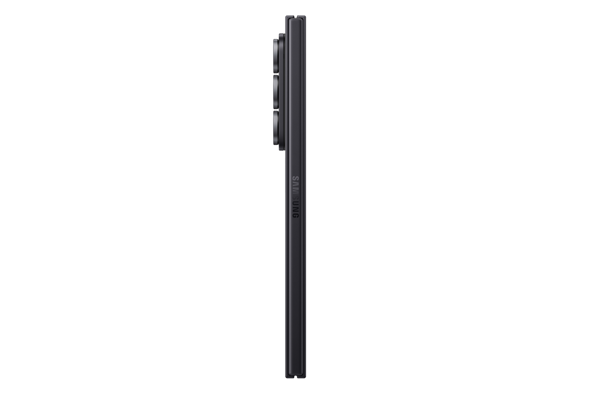 Dunkles Smartphone im Profil mit Kameras und Samsung-Logo.