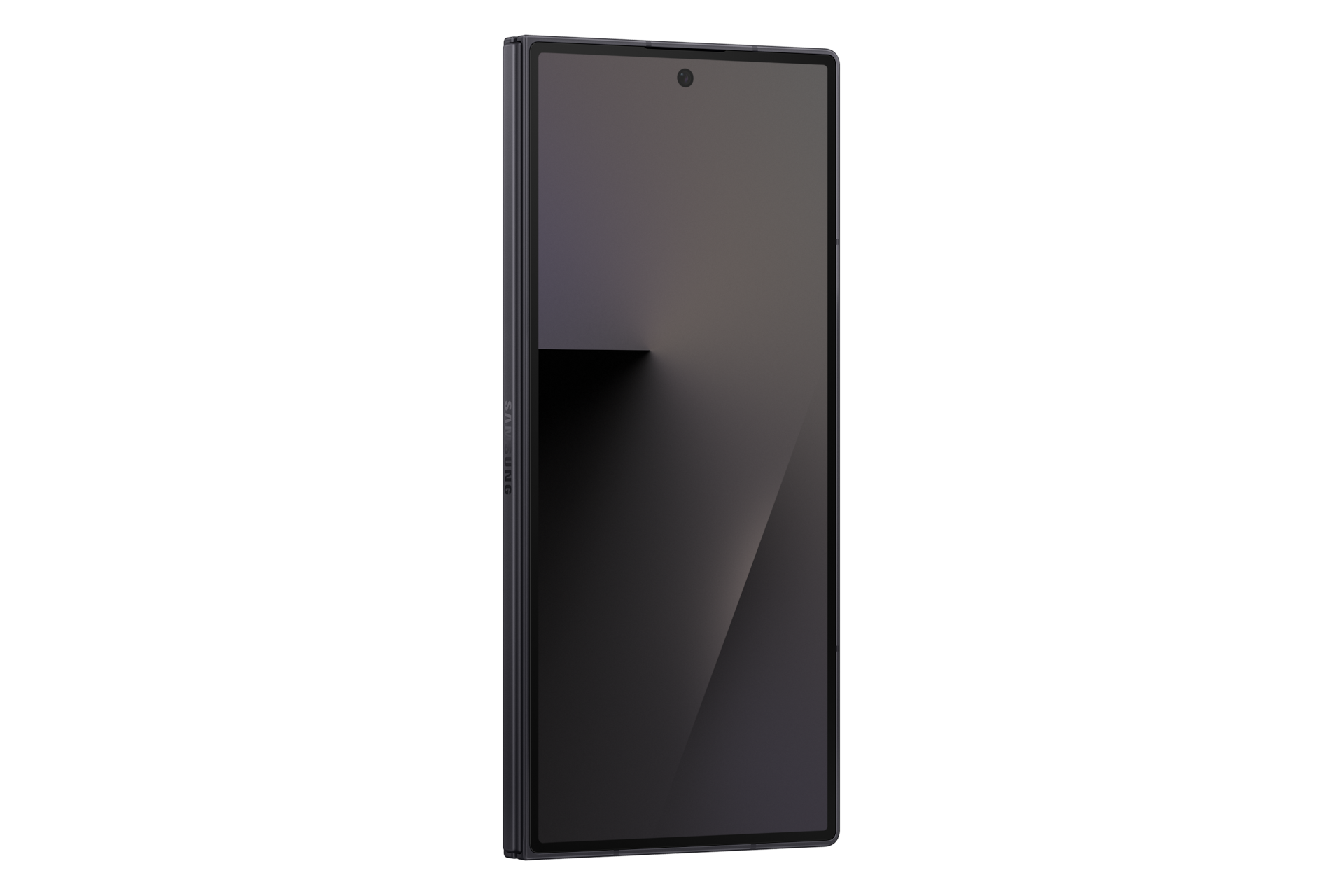Ein geschlossenes, dunkles Smartphone mit dem Samsung-Logo auf der Seite.