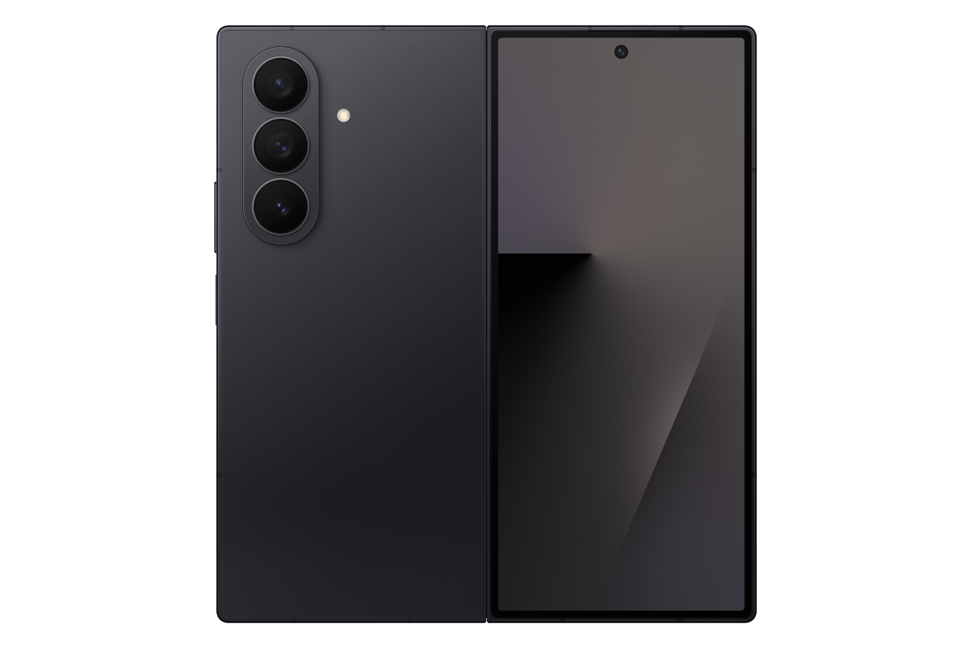 Ein geschlossenes dunkles Smartphone mit drei Kameras auf der Rückseite und ein geöffnetes mit einem Bildschirm.