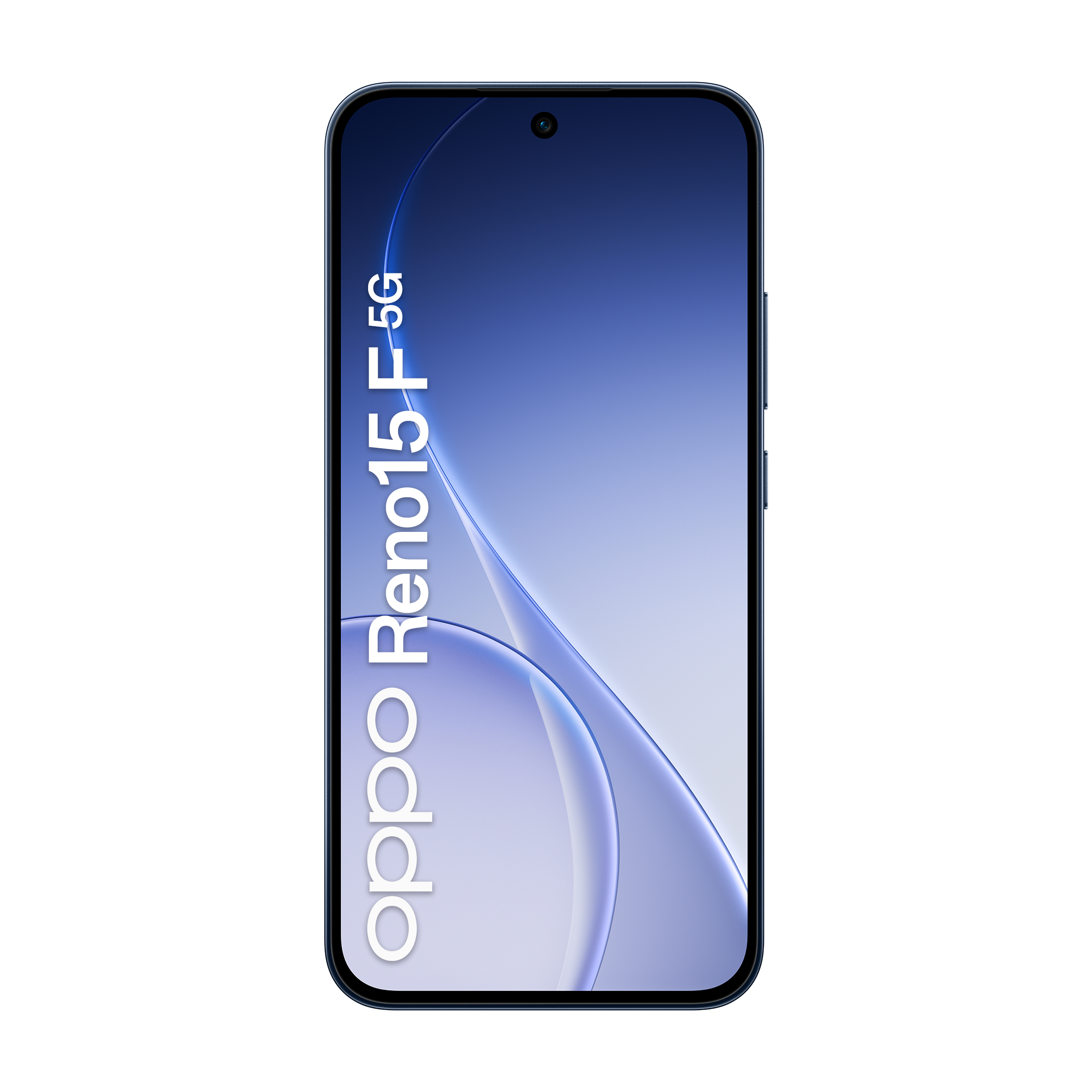 Ein blaues OPPO Reno15 5G Smartphone mit einem Wellenmuster auf dem Bildschirm.