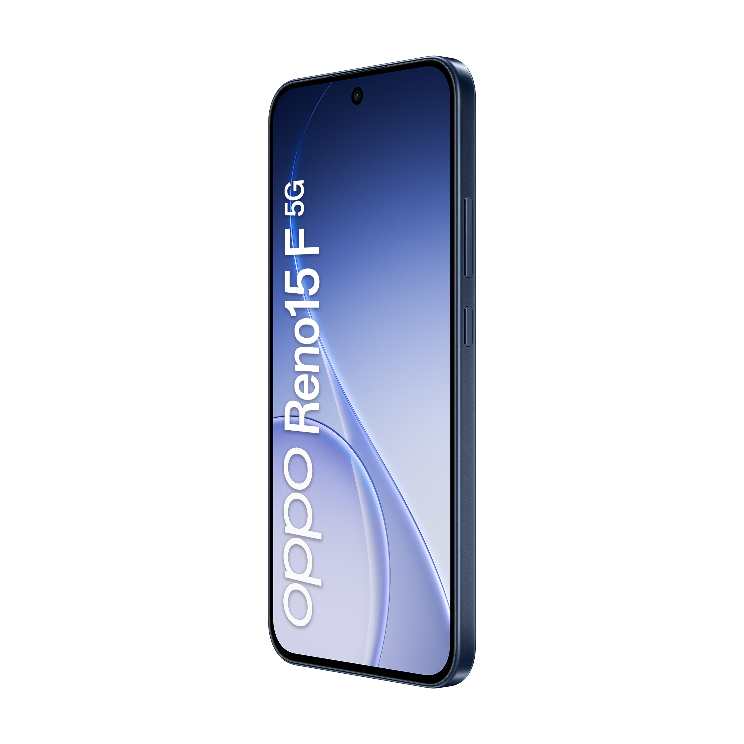 Dunkelblaues Oppo Reno15 5G Smartphone, frontal mit Notch und Schriftzug.