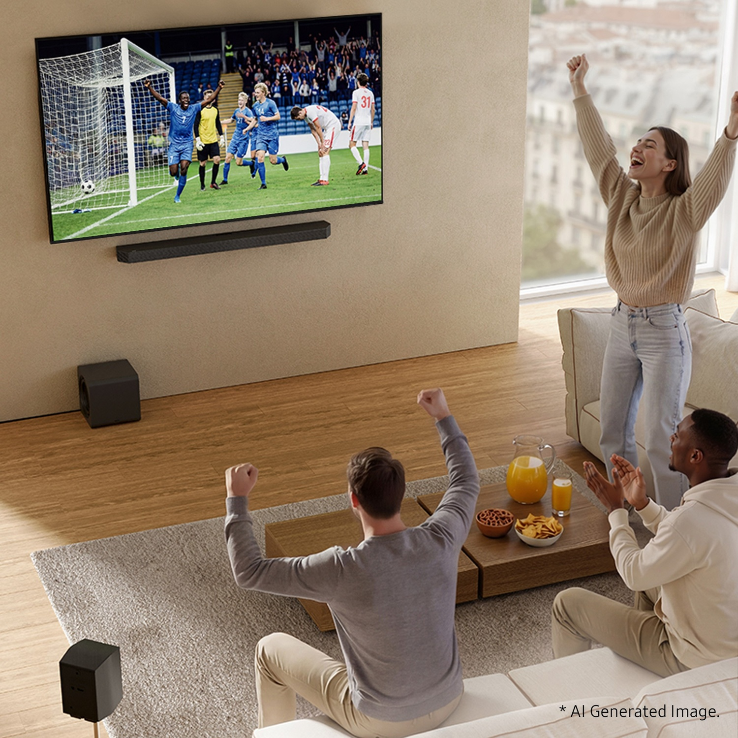 Persone che tifano davanti a una TV che mostra una partita di calcio.