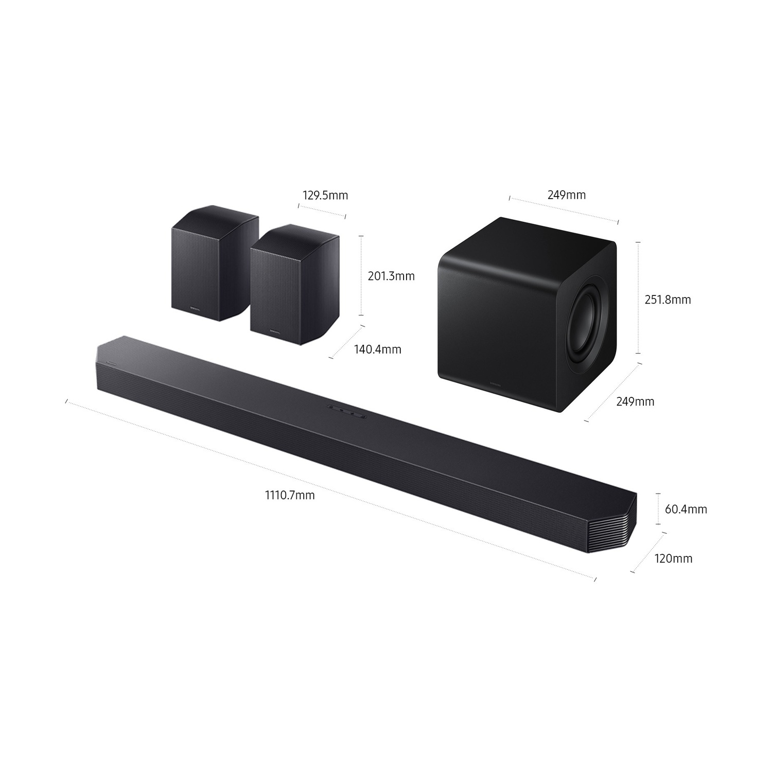 Soundbar, subwoofer e due altoparlanti neri con dimensioni.