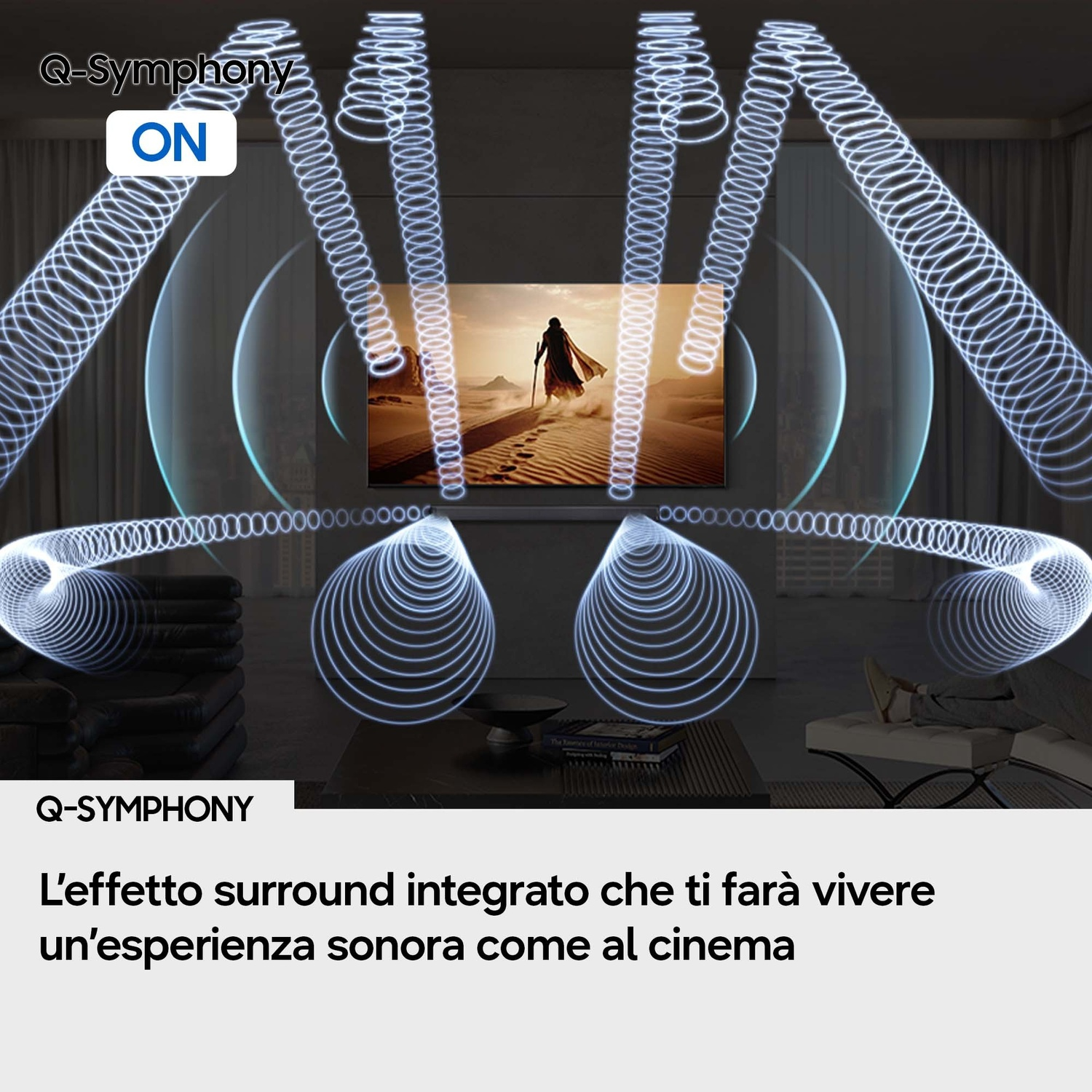 Q-Symphony ACCESO: Effetto surround per un'esperienza sonora da cinema.