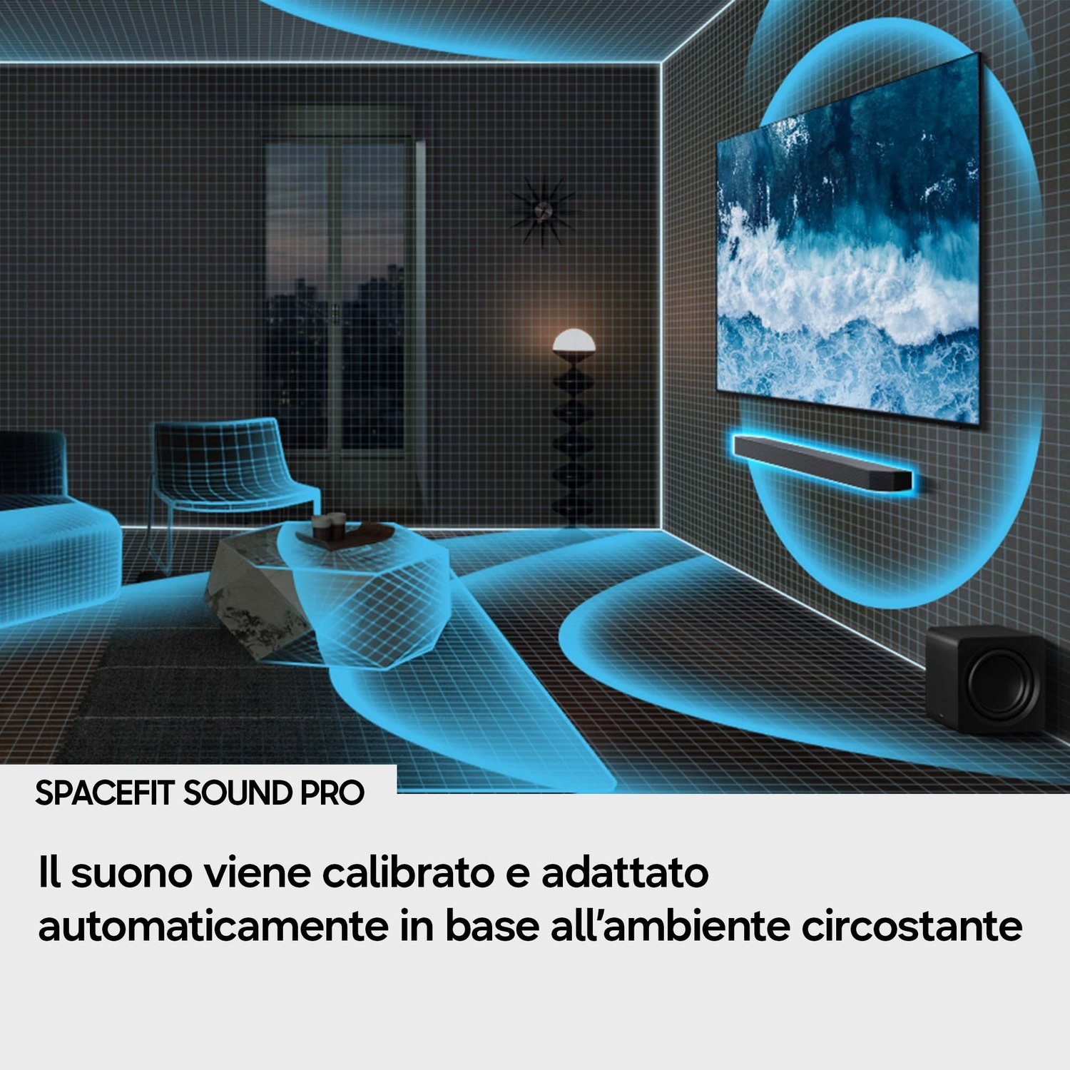 Un soggiorno con TV, soundbar, subwoofer, mobili e onde sonore blu.