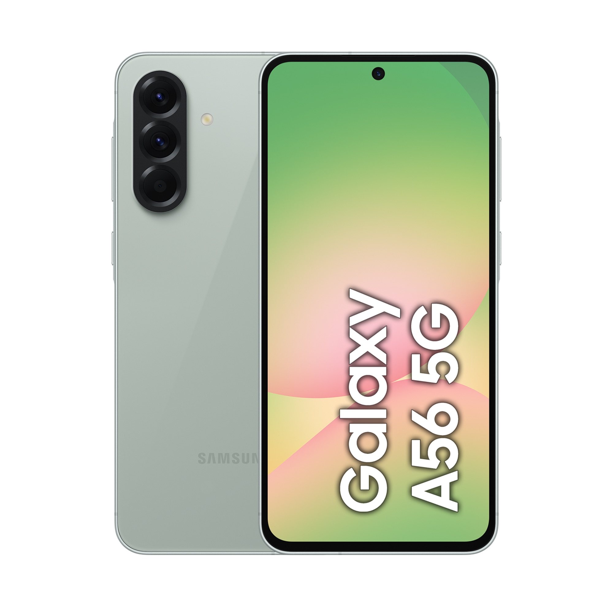 Jasnozielony smartfon Samsung Galaxy A56 5G z potrójnym aparatem z tyłu.