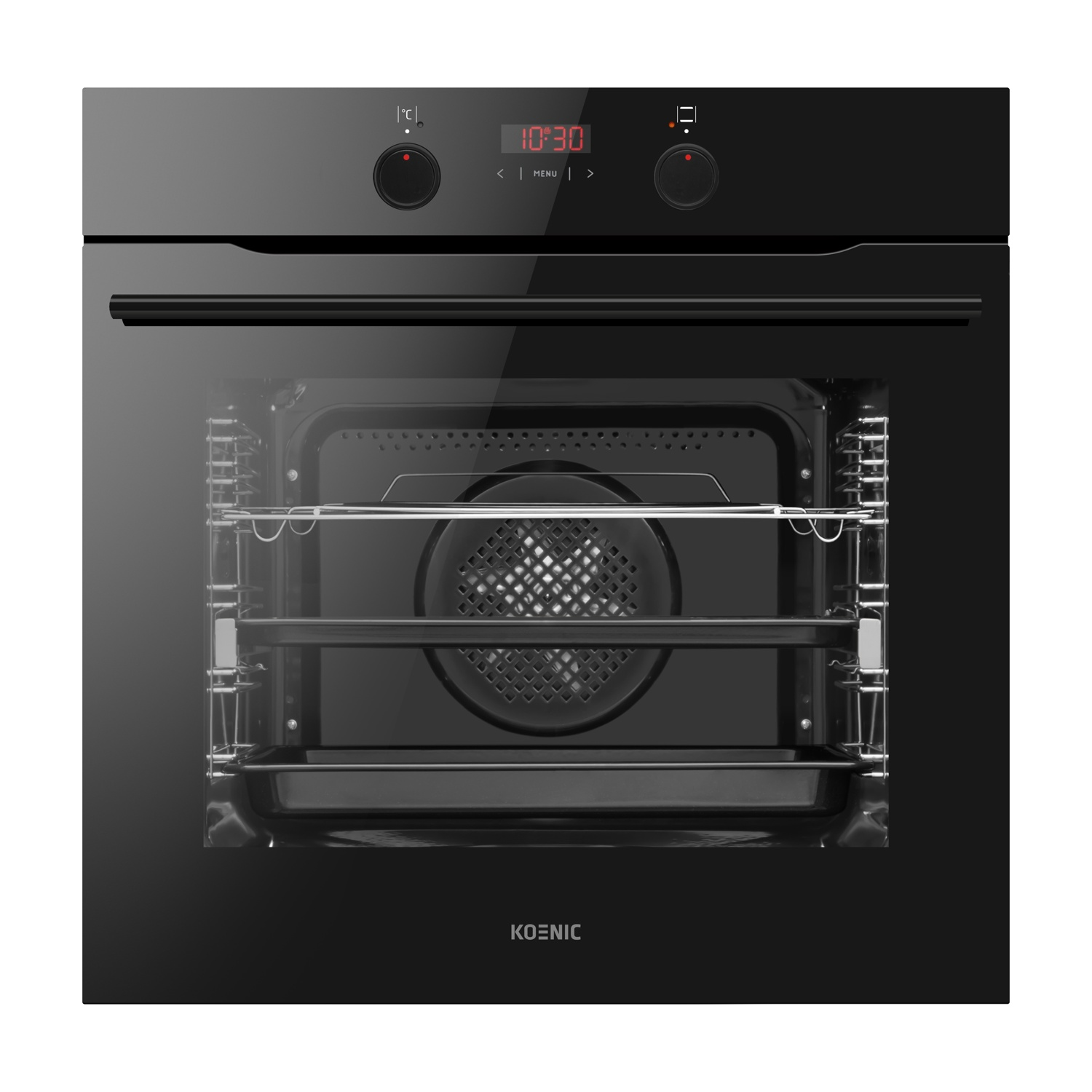 Un forno nero con interno aperto, griglie argentate e display digitale.