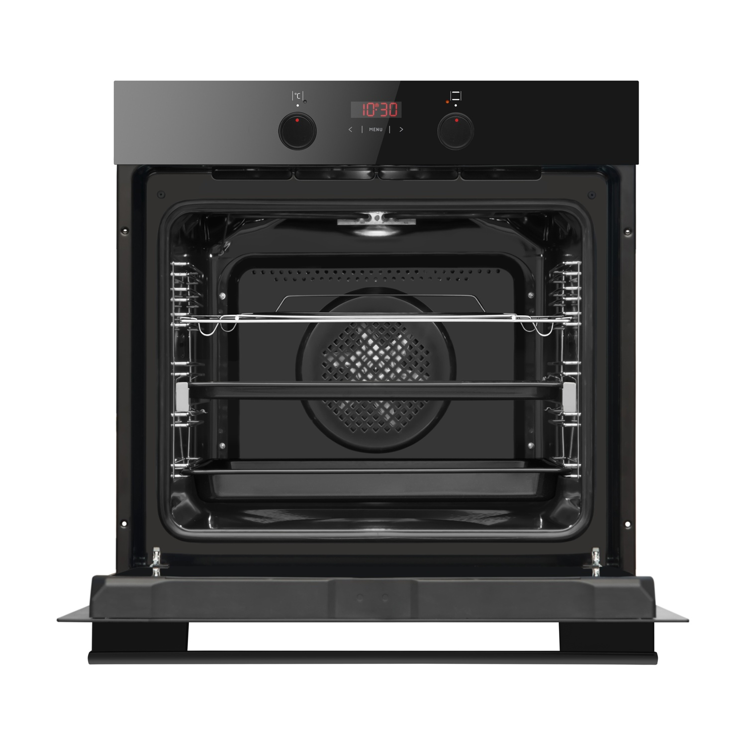 Un moderno forno da incasso nero con la porta aperta, che mostra l'interno.