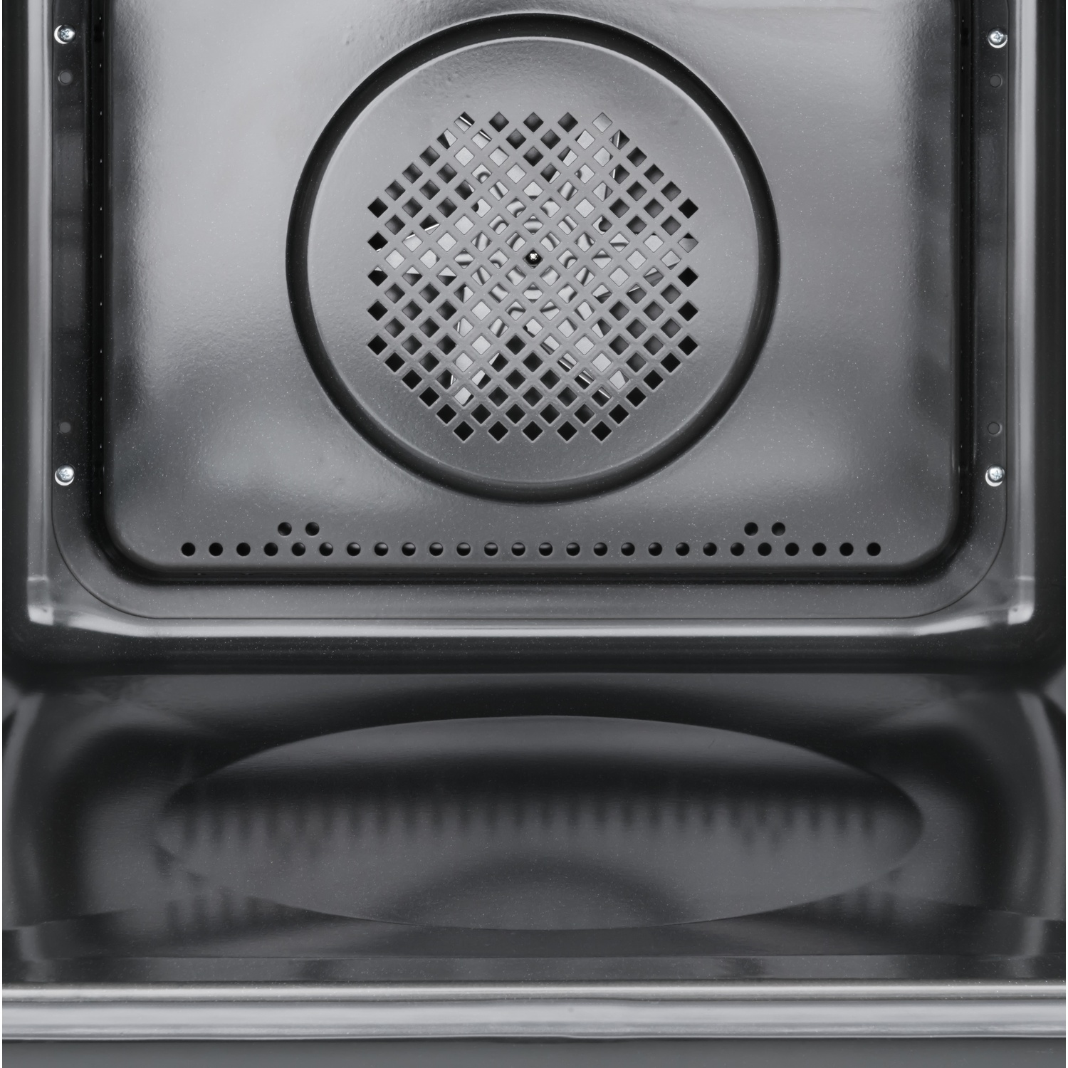 Vista interna di un forno nero con griglia di ventilazione e fori di sfiato.