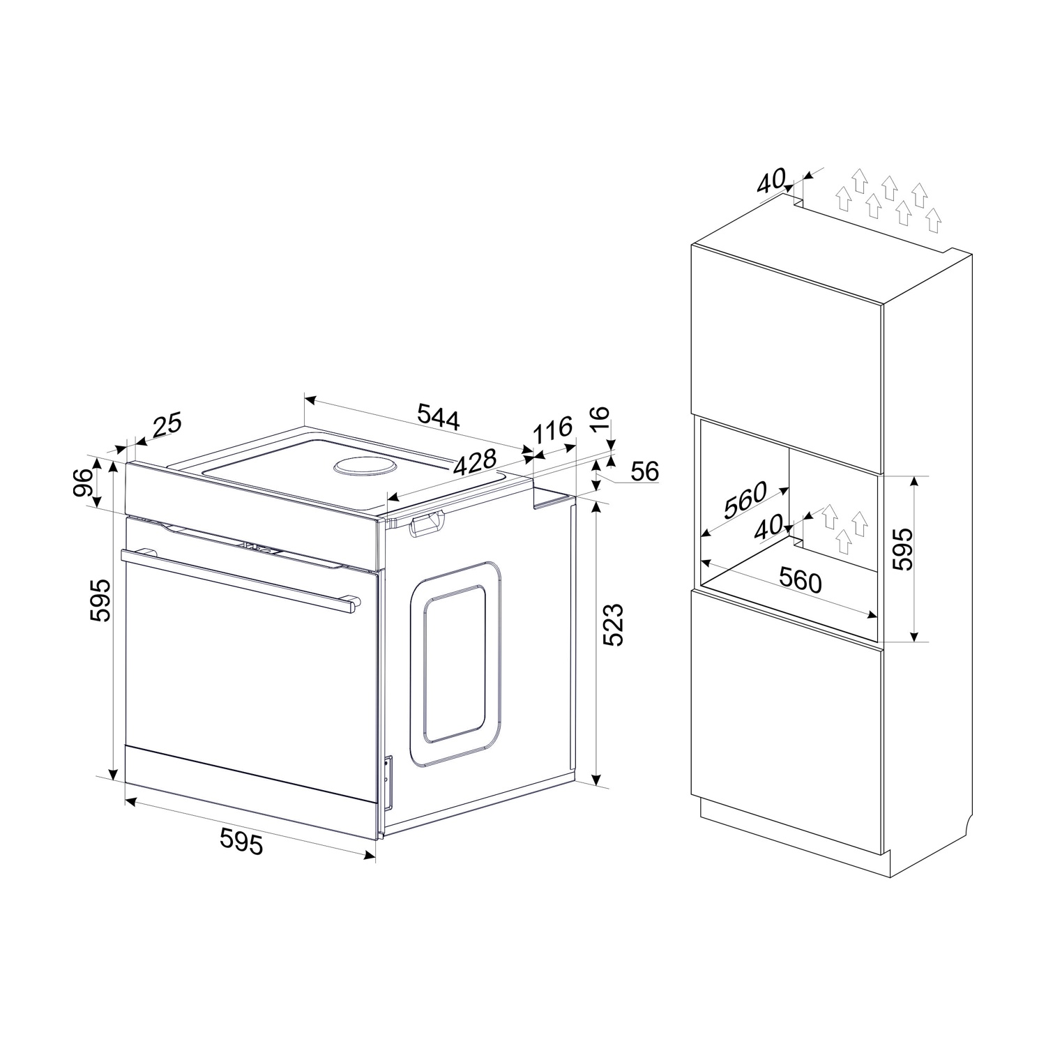 Disegno tecnico di un elettrodomestico da incasso con misure.