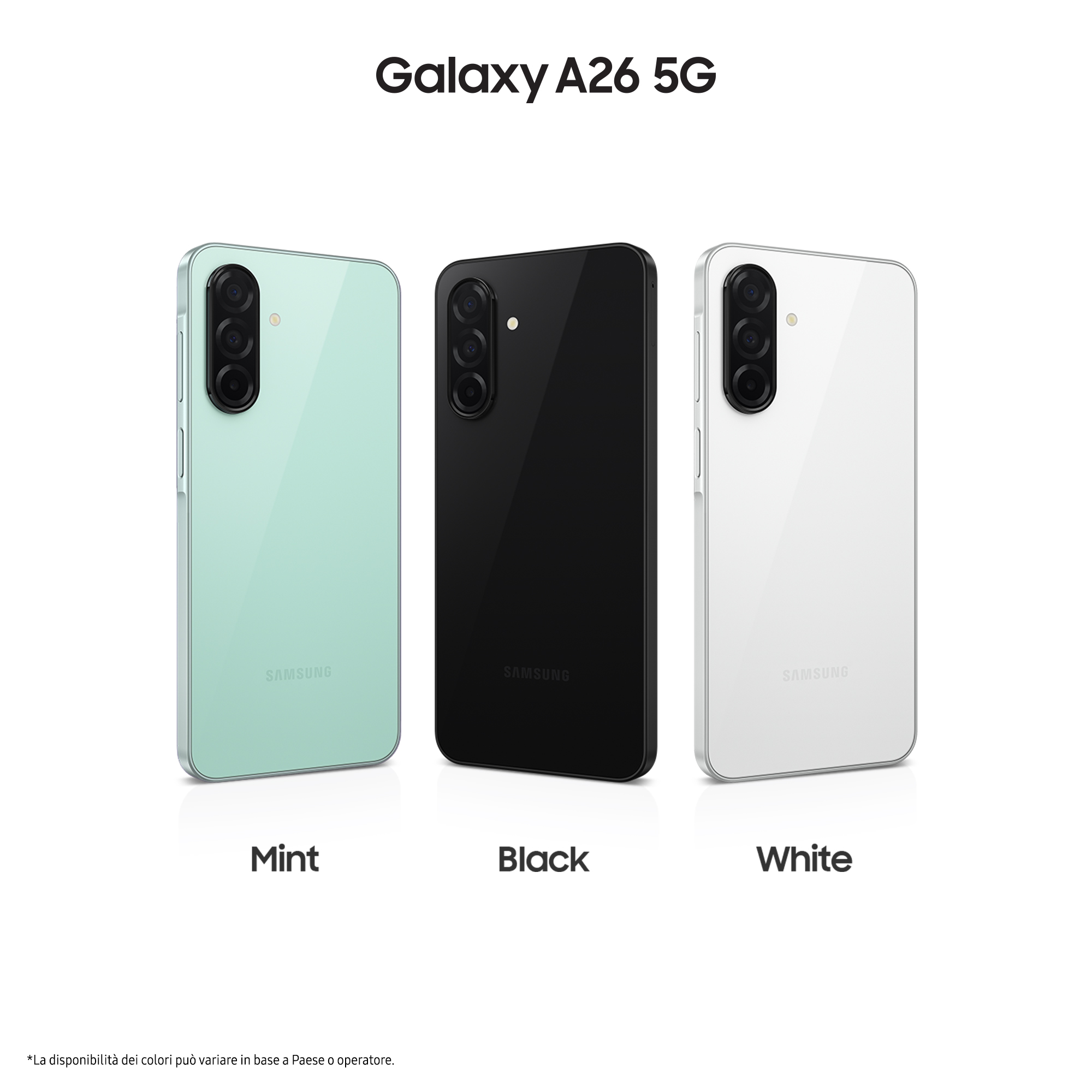 Trzy smartfony Samsung Galaxy A26 5G w kolorze miętowym, czarnym i białym.
