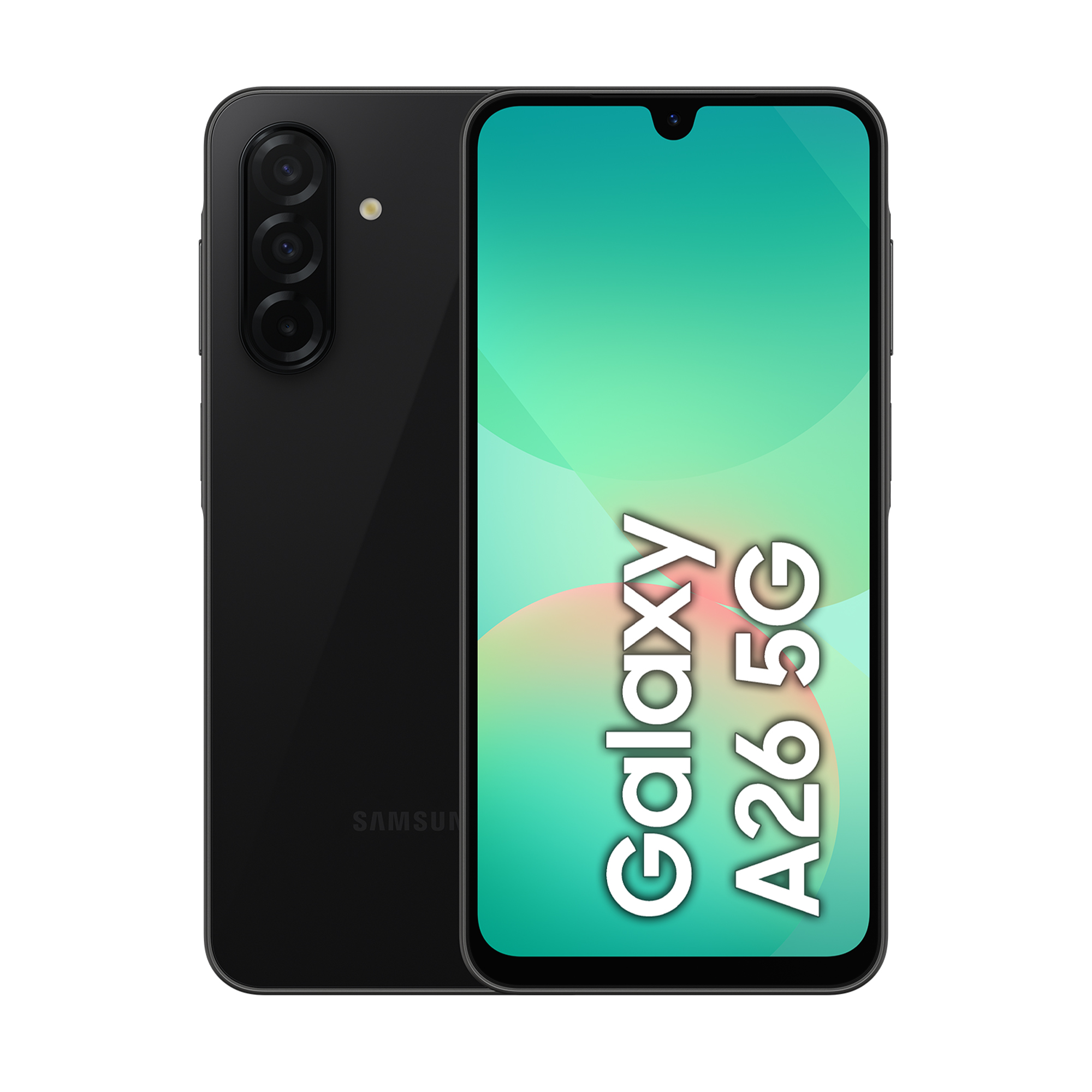 Czarny smartfon Samsung Galaxy A26 5G z potrójnym aparatem z tyłu.