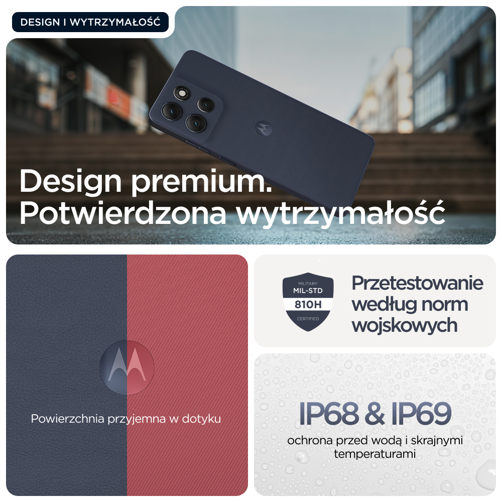 Ciemnoniebieski smartfon z trzema aparatami, leżący na schodach. Tekst: Design premium. Potwierdzona wytrzymałość.