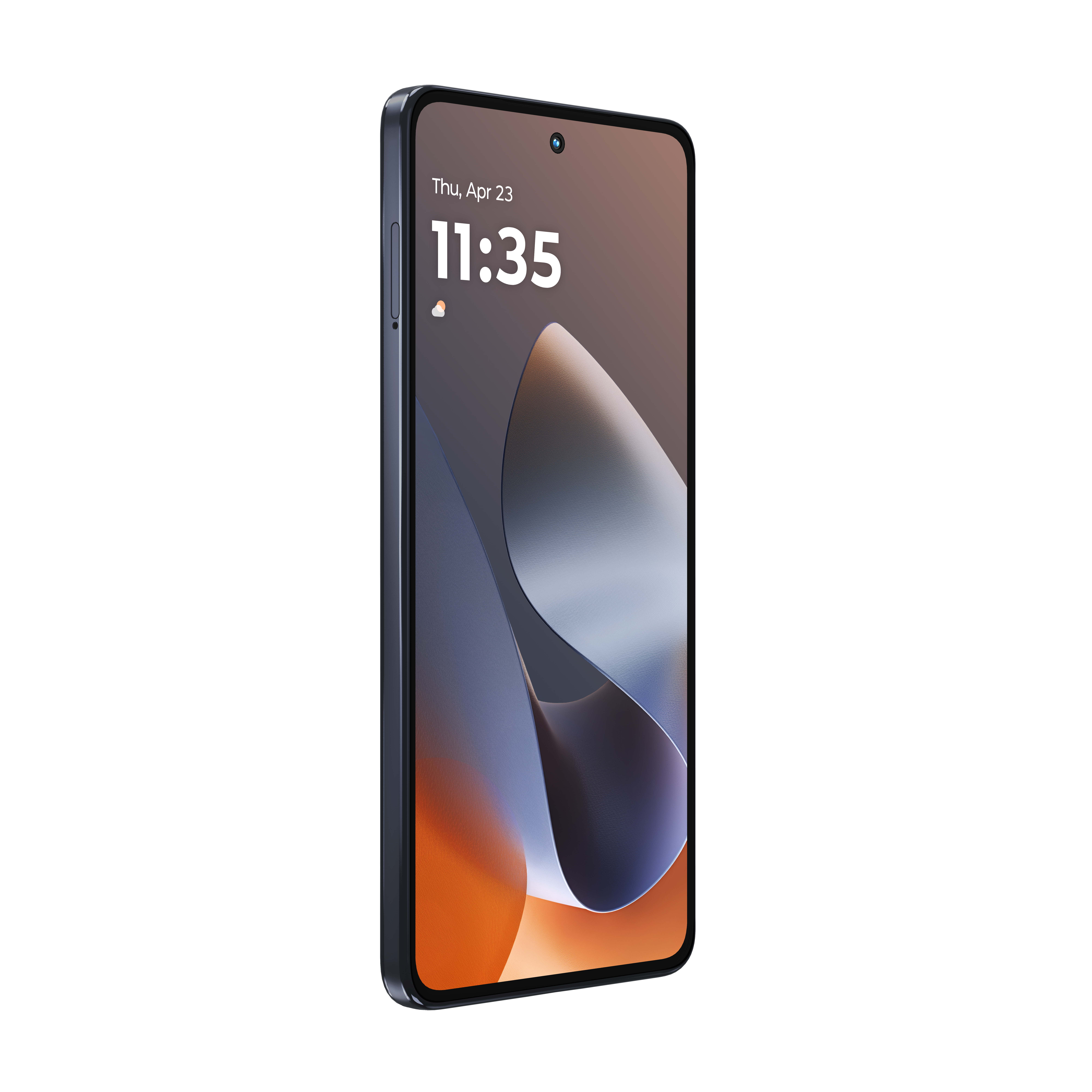 Ciemny smartfon z abstrakcyjnym tłem na ekranie, na białym tle.