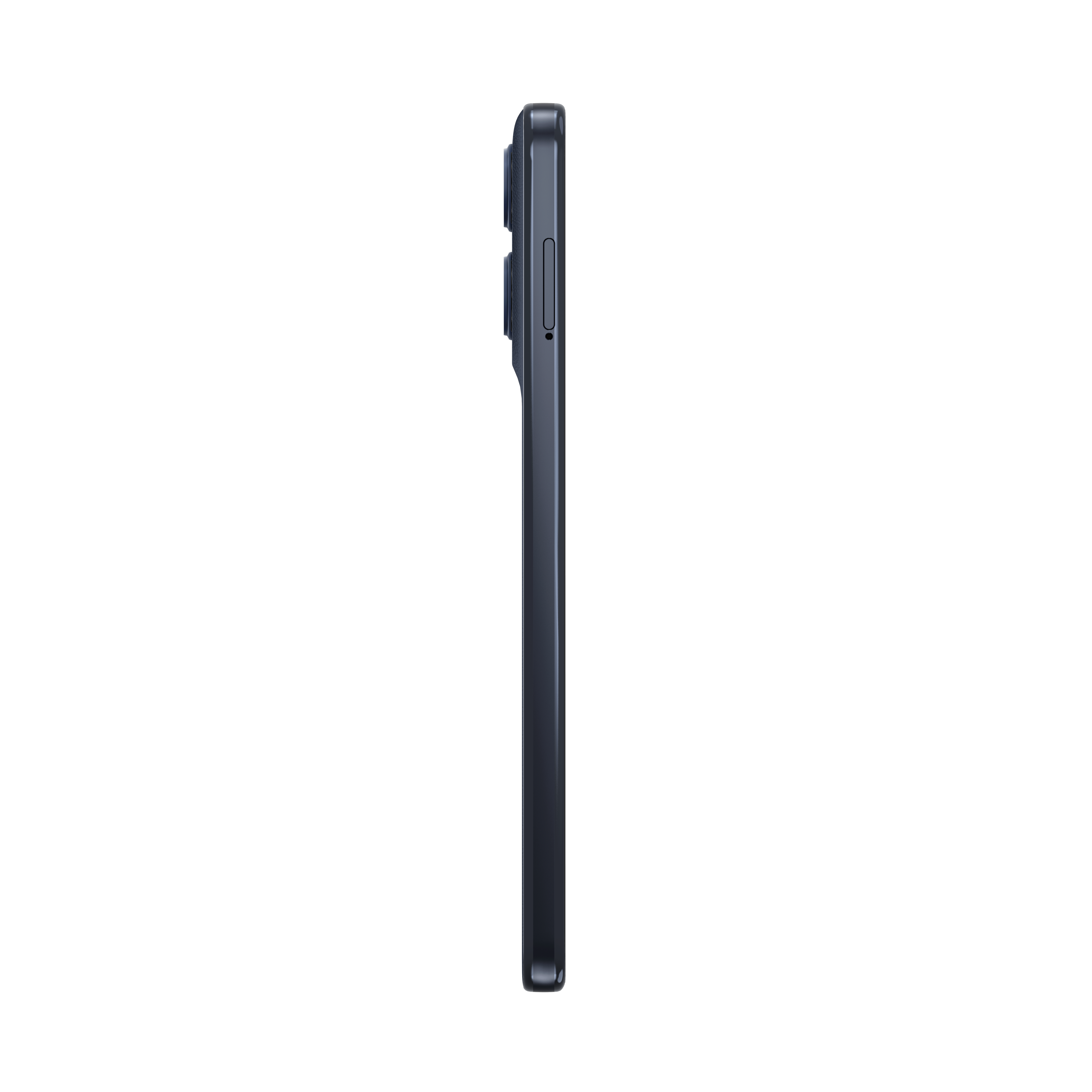 Ciemnoszary smartfon w profilu na czarnym tle.