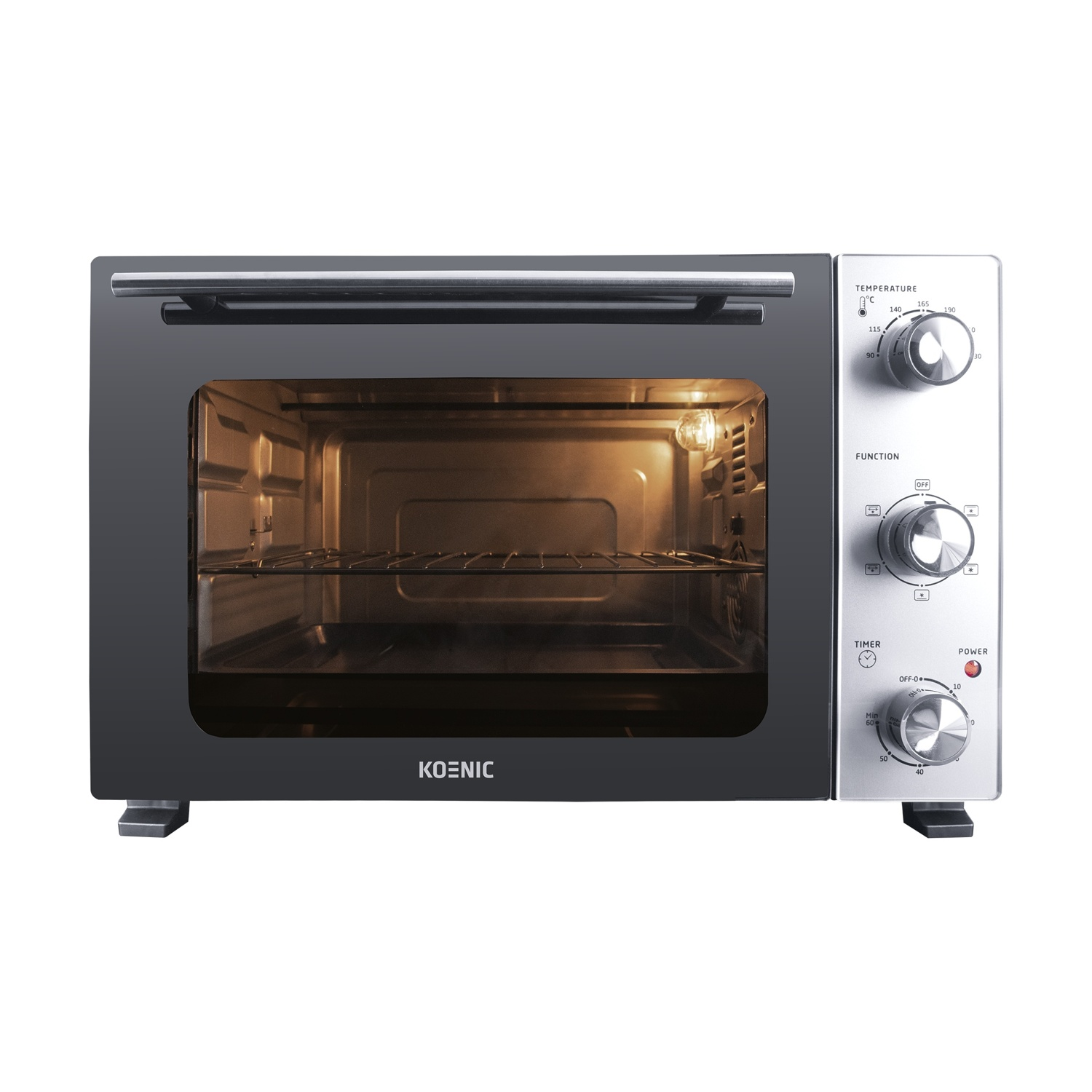 Un mini forno nero Koenic con controlli argentati e interno illuminato.
