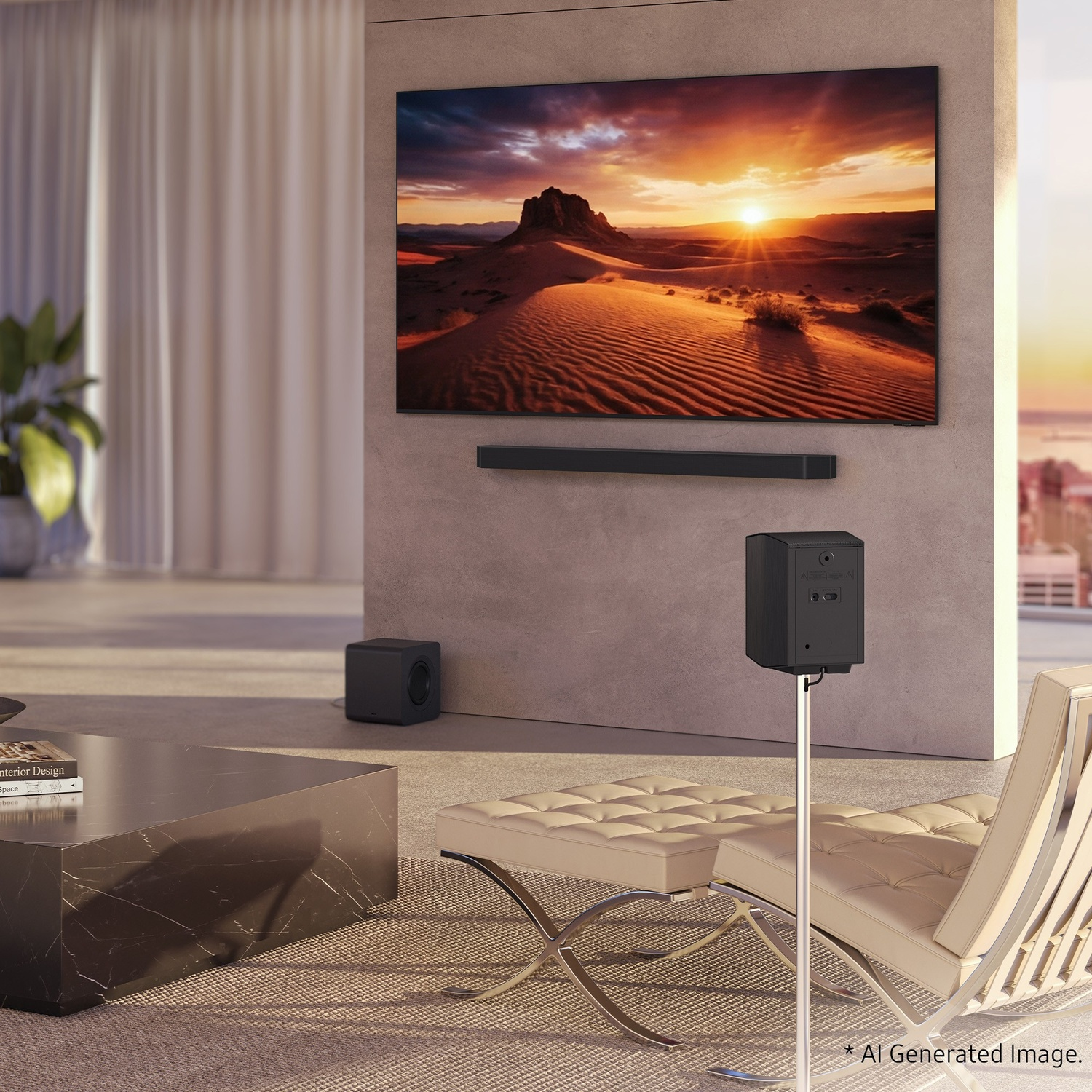 Soggiorno moderno con TV grande, soundbar, subwoofer e mobili di servizio.