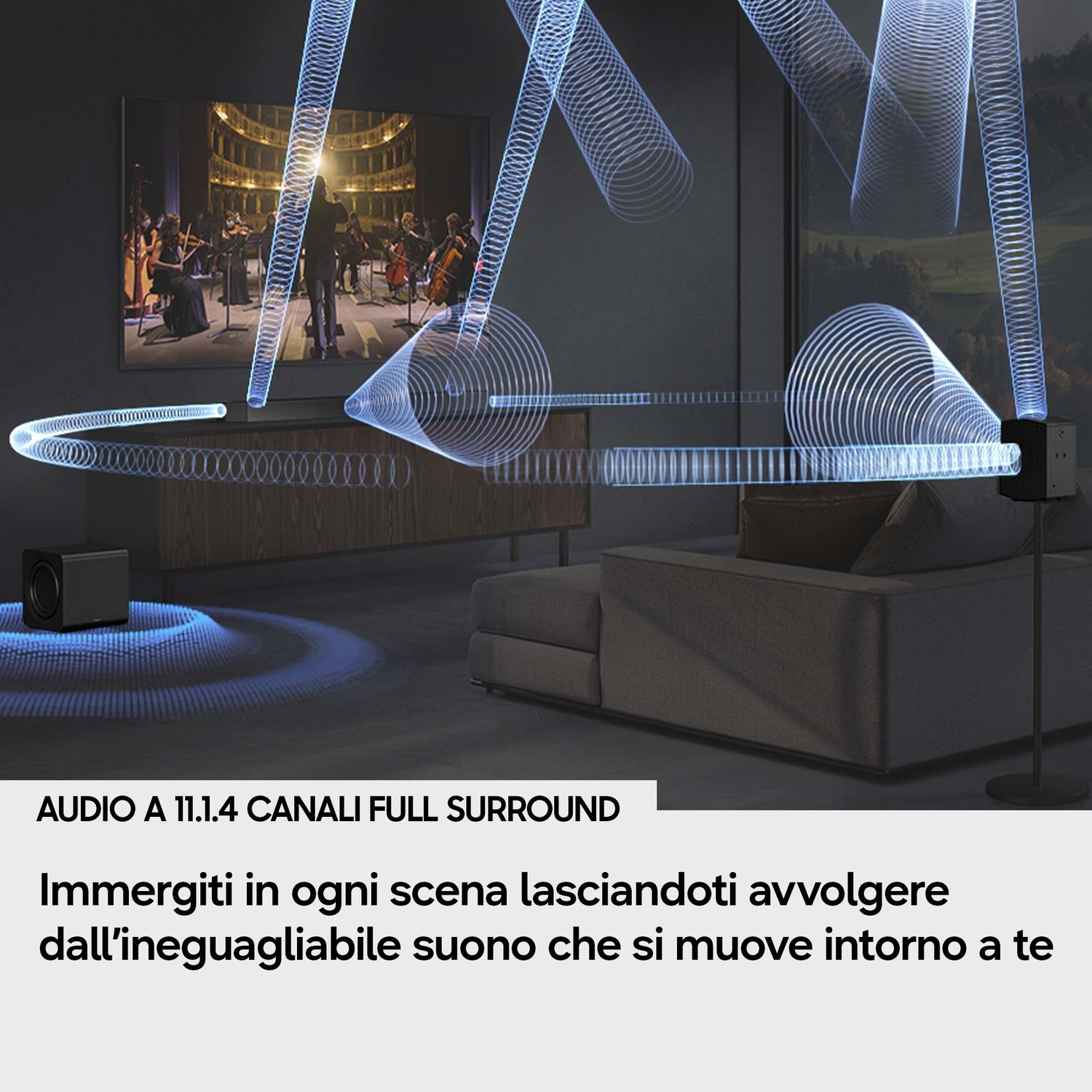Un soggiorno con TV, divano e altoparlanti che emettono onde sonore.