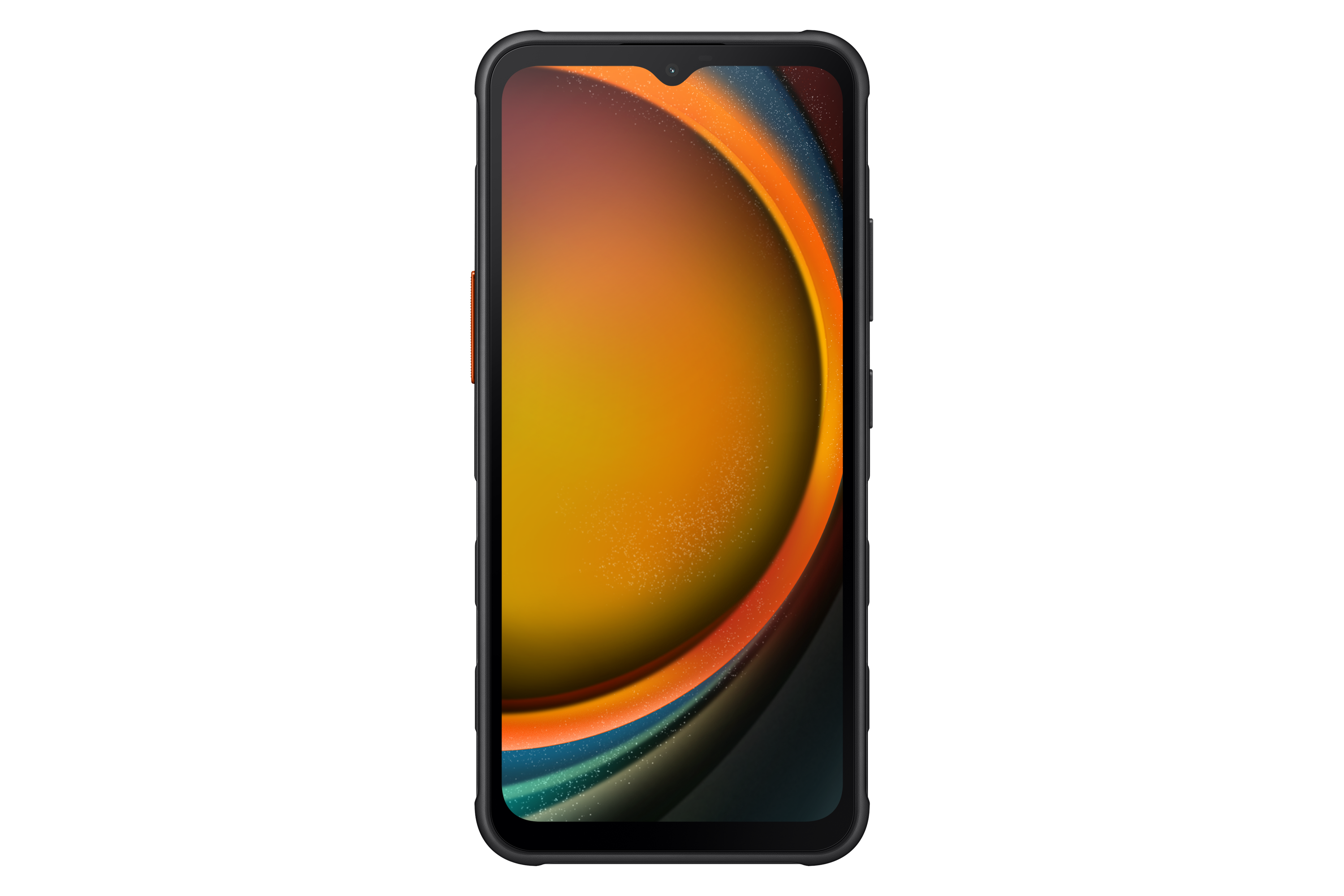 Czarny smartfon z pomarańczowo-żółtą tapetą ze lśniącymi drobinkami.