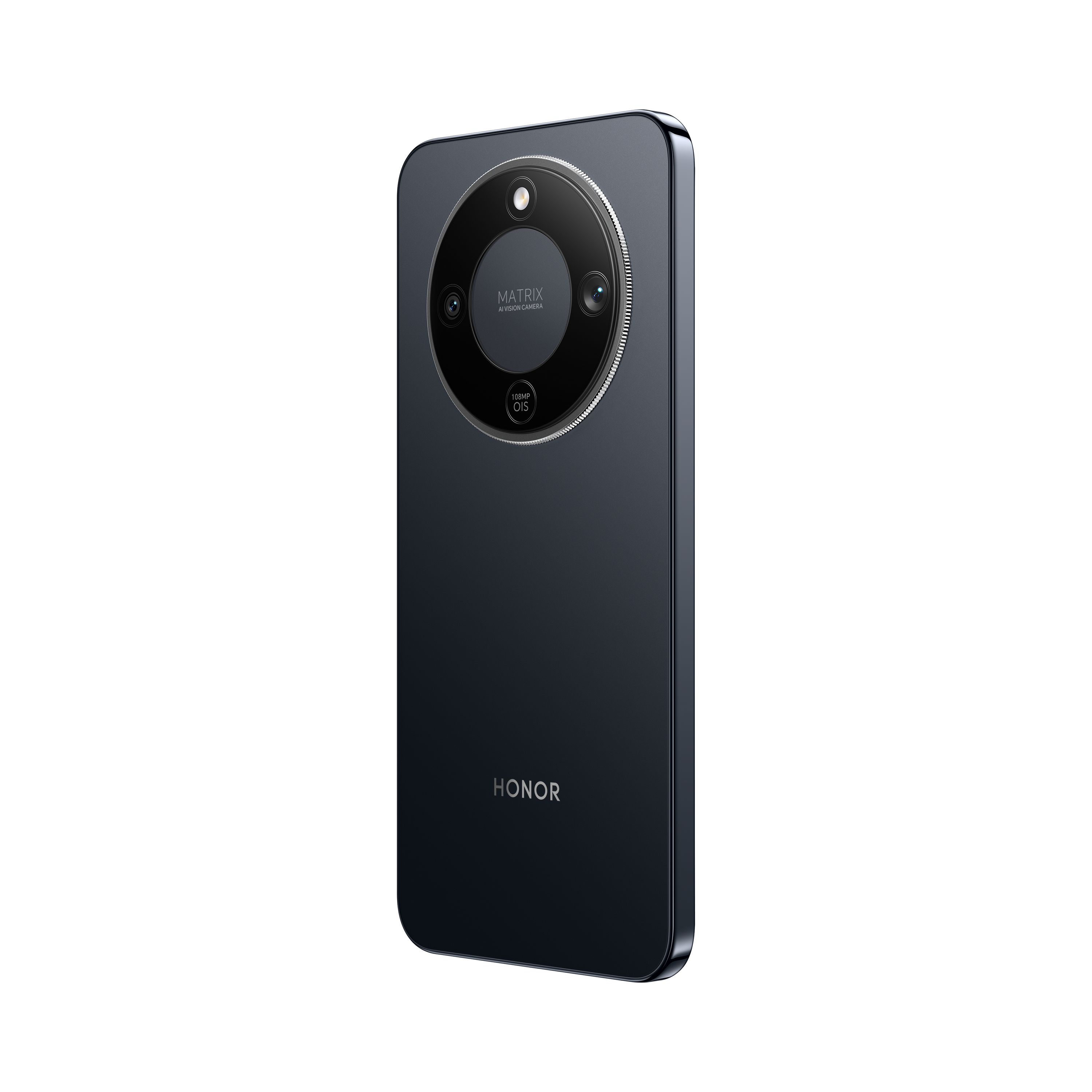 Dunkelgraues Honor Smartphone mit runder Matrix-Kamera und 108MP OIS.