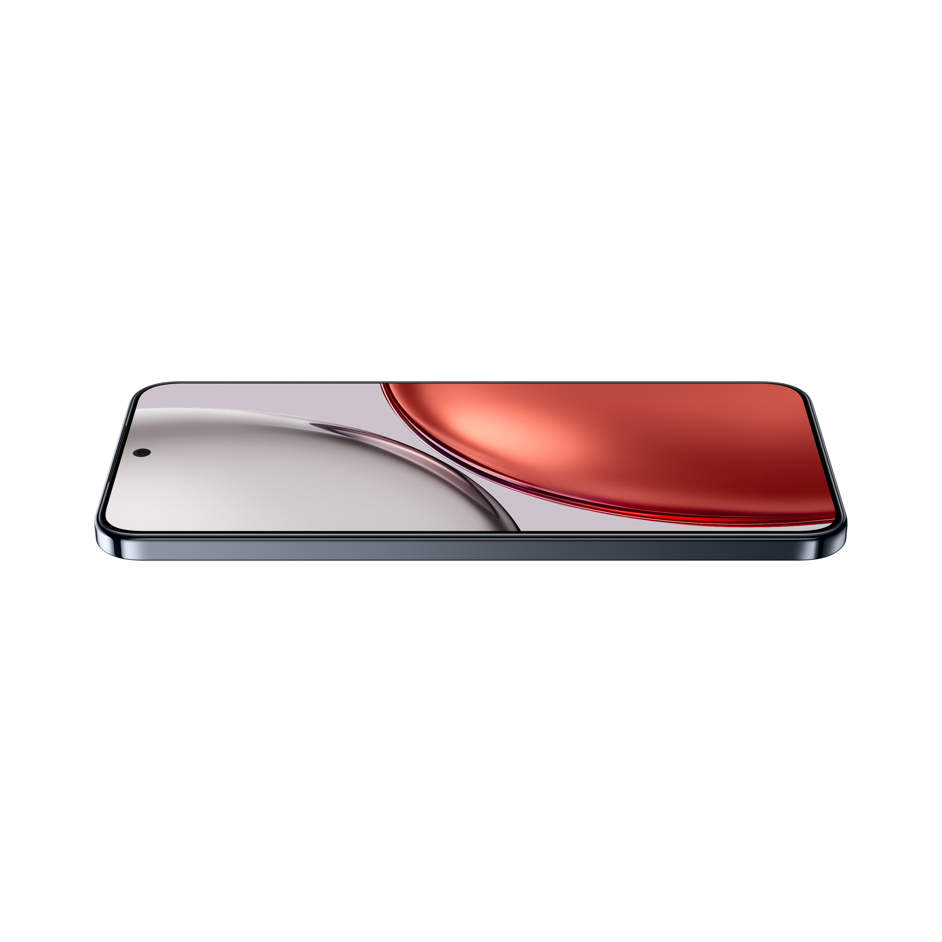 Ein schwarzes Smartphone liegt auf schwarzem Hintergrund. Die Anzeige zeigt rot und silber.