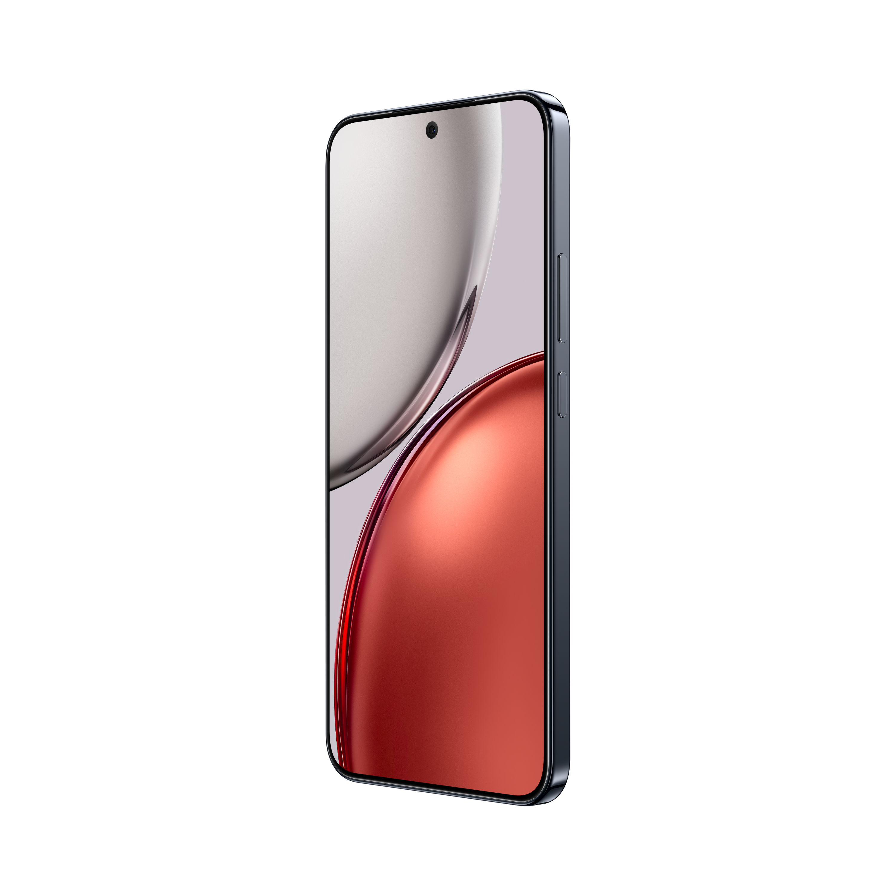 Ein dunkles Smartphone mit zwei abstrakten, geschwungenen Formen auf dem Display.