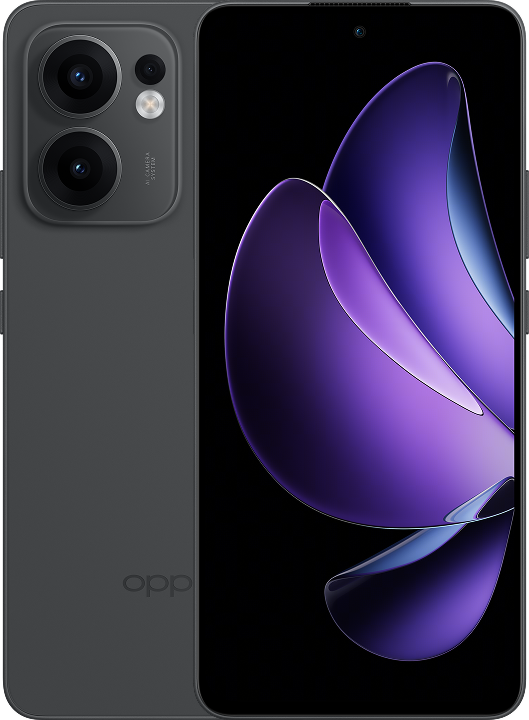 Ciemnoszary smartfon z modułem aparatu i fioletową tapetą.