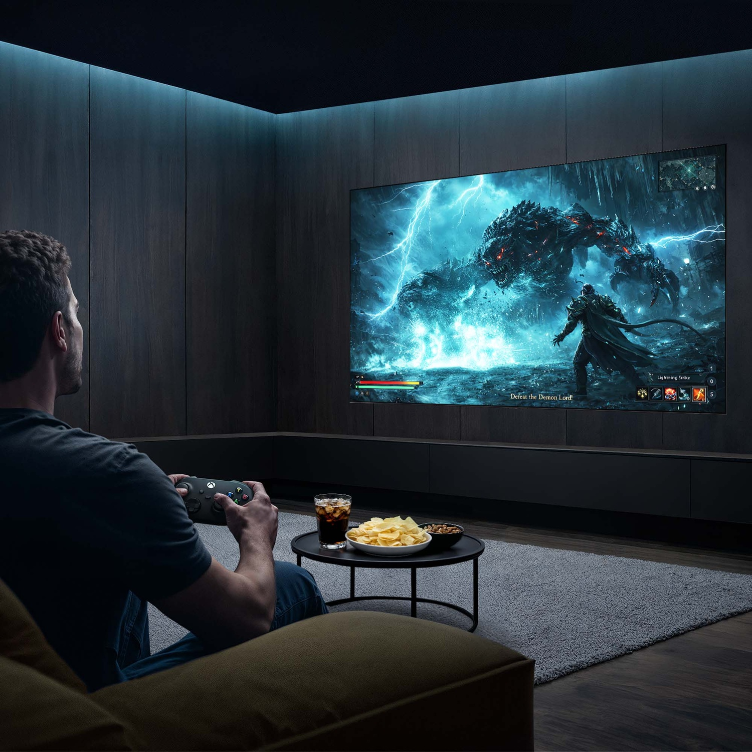 Uomo gioca a videogioco con mostro sullo schermo, snack e bevanda vicini.