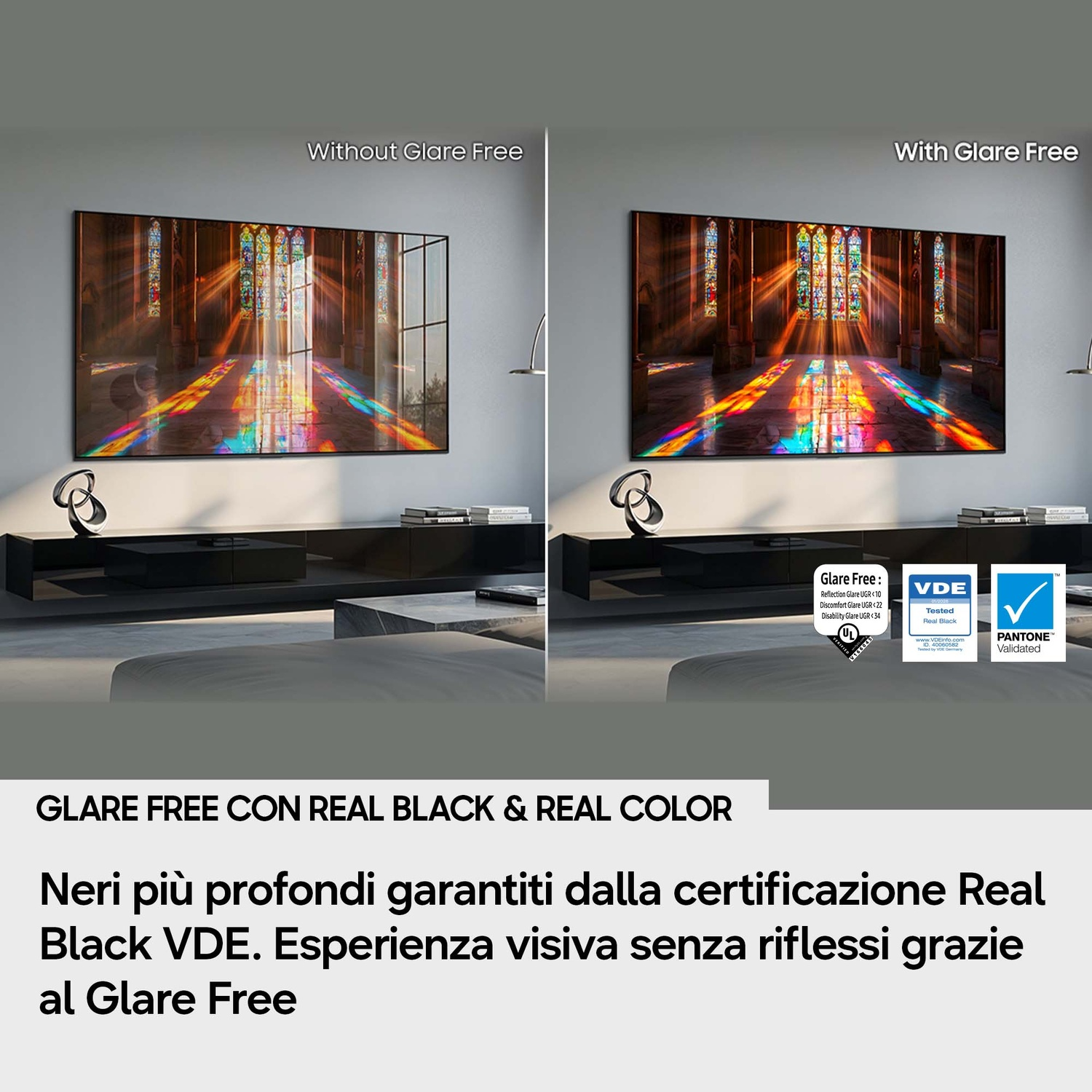 Confronto TV: uno senza e uno con antiriflesso. Motivi luminosi colorati sul pavimento.
