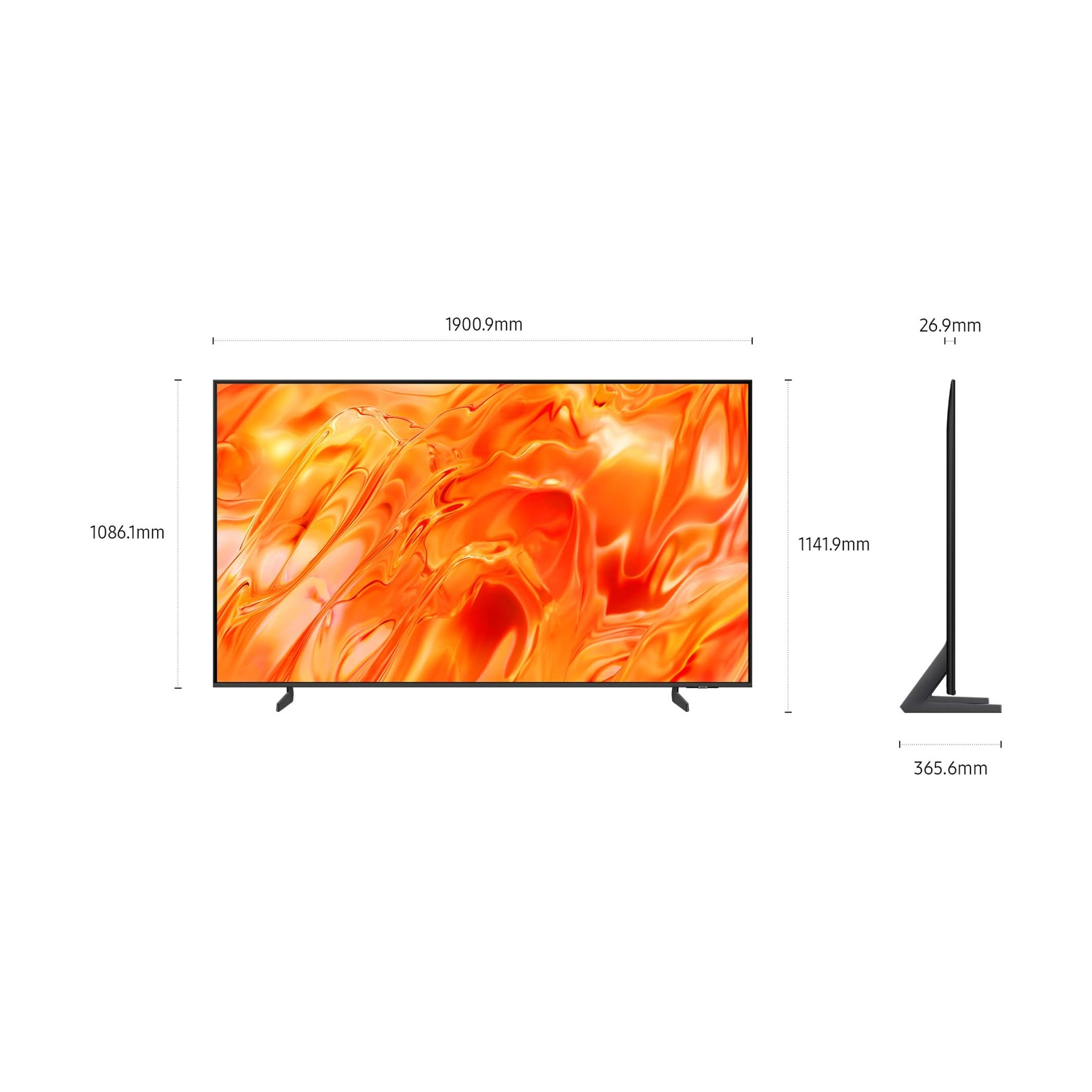 Un grande TV nero con motivo arancione, vista laterale e dimensioni.
