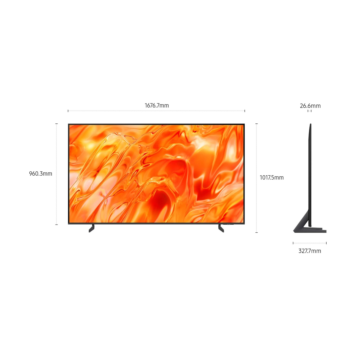 Un televisore sottile con dimensioni: 1676,7 x 960,3 mm. Profondità 26,6 mm.