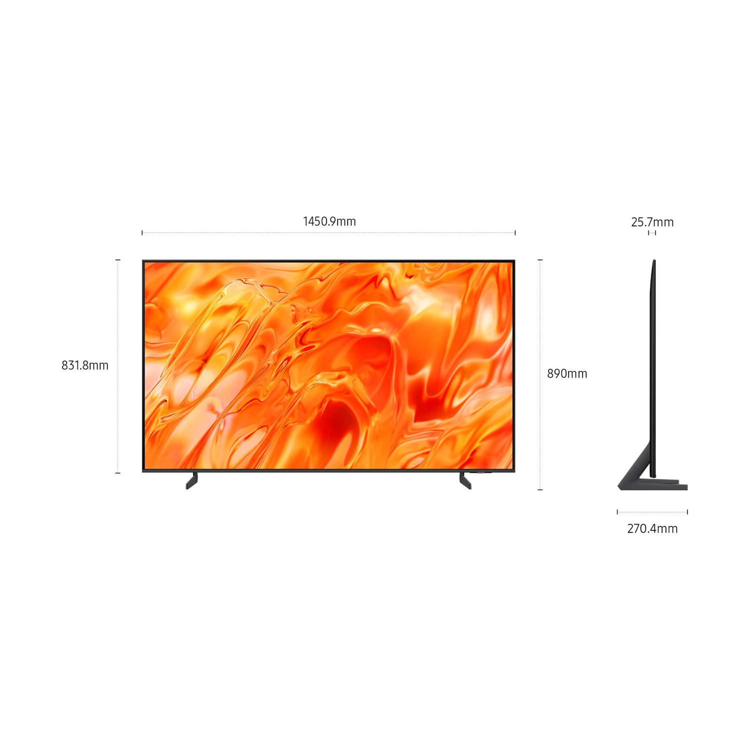 Un TV a schermo piatto di 1450,9 mm di larghezza e 831,8 mm di altezza.
