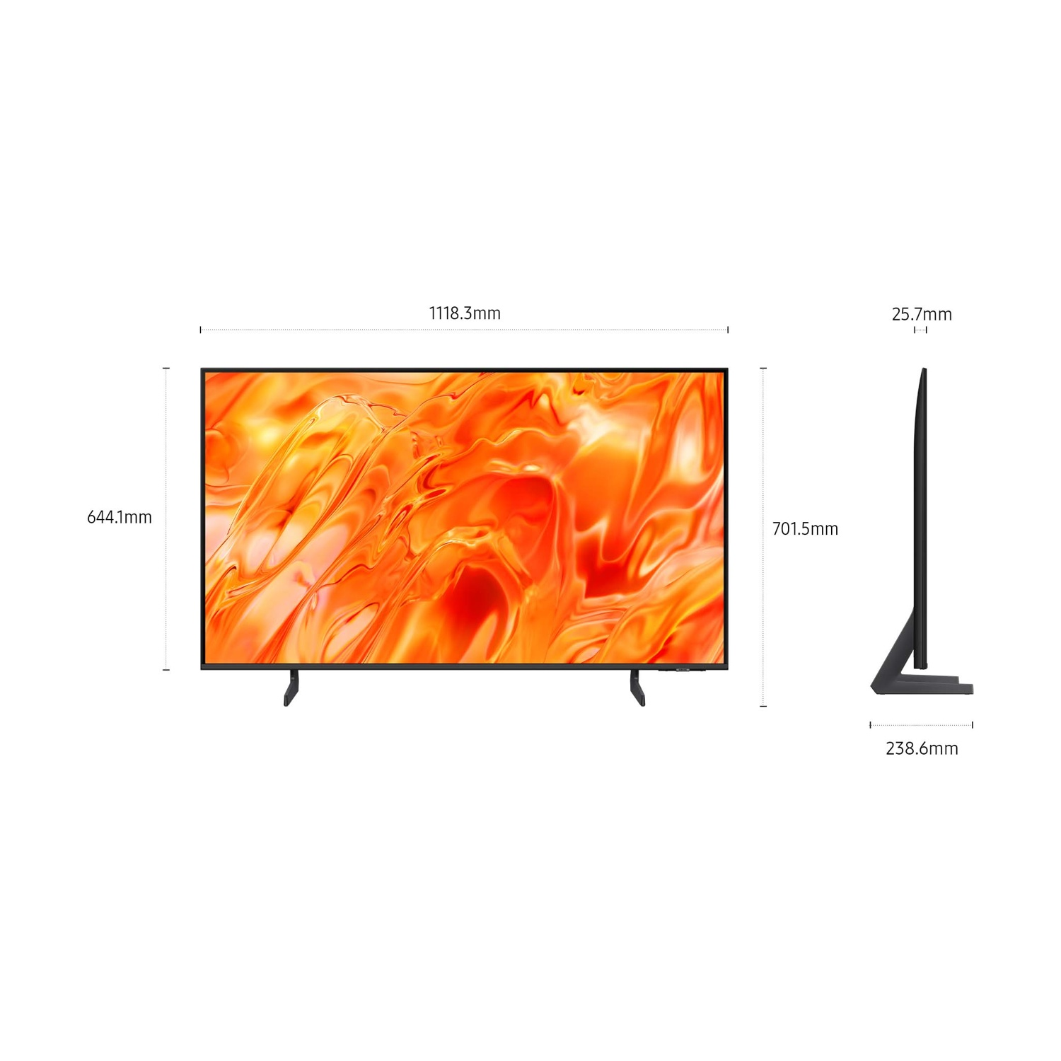 Schermo TV con dimensioni 1118,3 x 644,1 mm e vista laterale 25,7 x 701,5 mm.