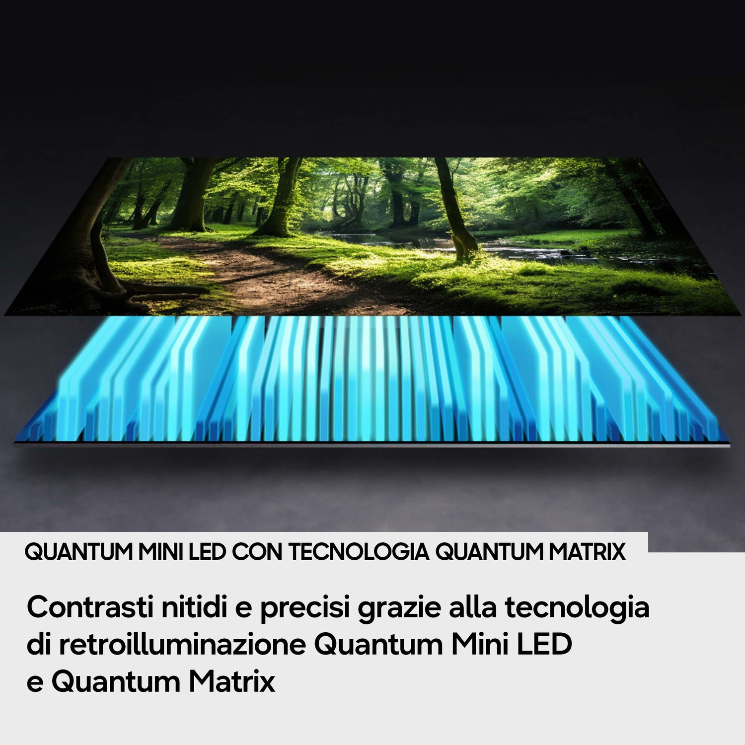 Sentiero nel bosco con luce solare, barre luminose blu sotto. Testo Quantum Mini LED.