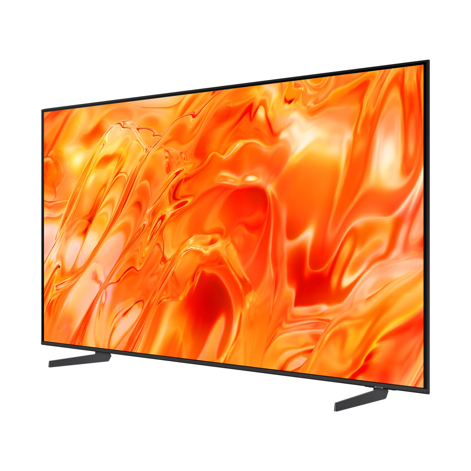 Una TV moderna a schermo piatto con un motivo astratto arancione e giallo sullo schermo.