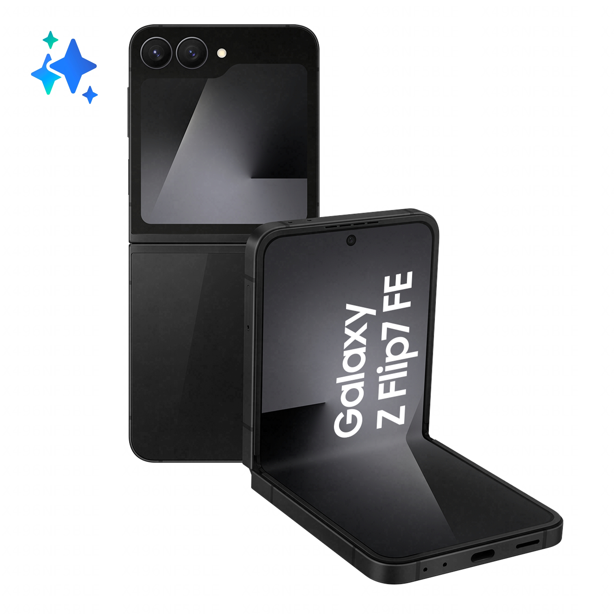 Czarny telefon składany z napisem "Galaxy Z Flip7 FE" na ekranie.