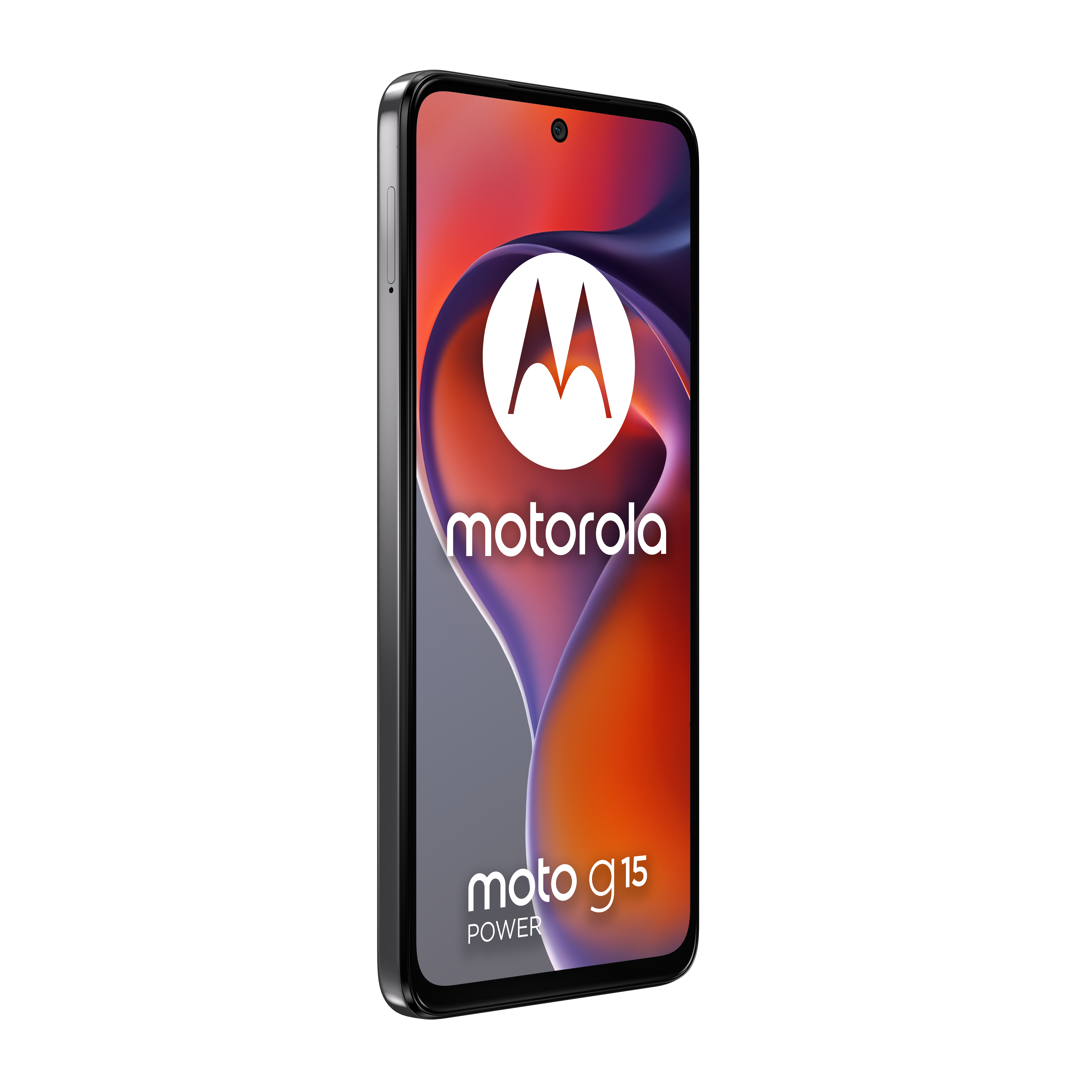 Czarny smartfon Motorola Moto G15 Power z kolorowym tłem.